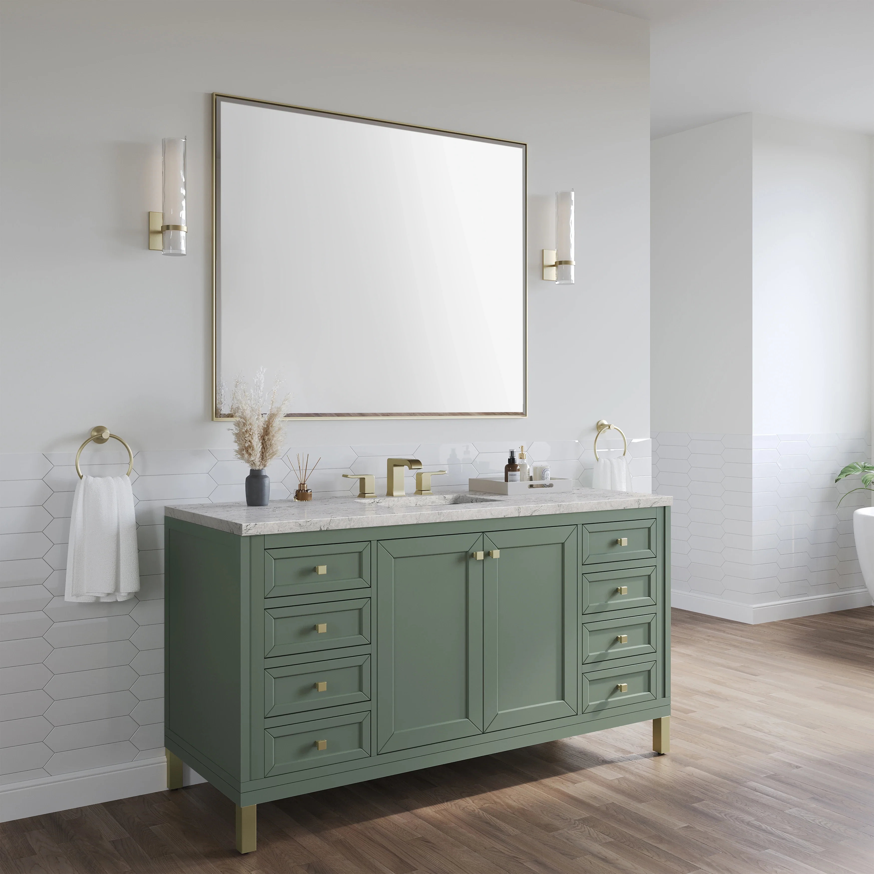 Chicago 60" Single Vanity, Smokey Celadon, w/ 3 CM Eternal Jasmine Pearl Silestone® Top