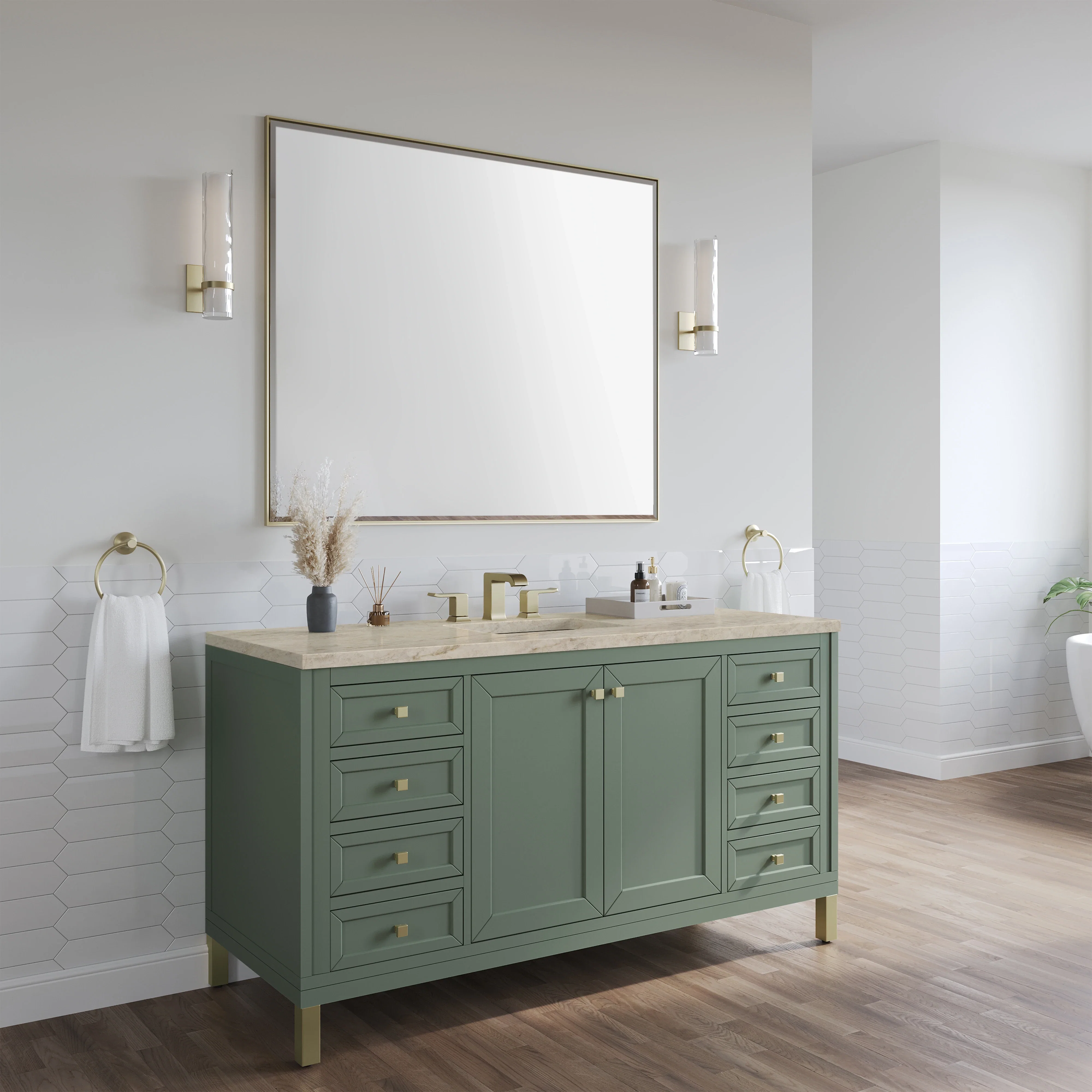 Chicago 60" Single Vanity, Smokey Celadon, w/ 3 CM Tajnar Eclos Top