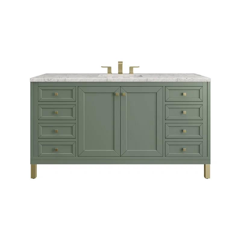 Chicago 60" Single Vanity, Smokey Celadon, w/ 3 CM Eternal Jasmine Pearl Silestone Top w/ FreePower Wireless Charger