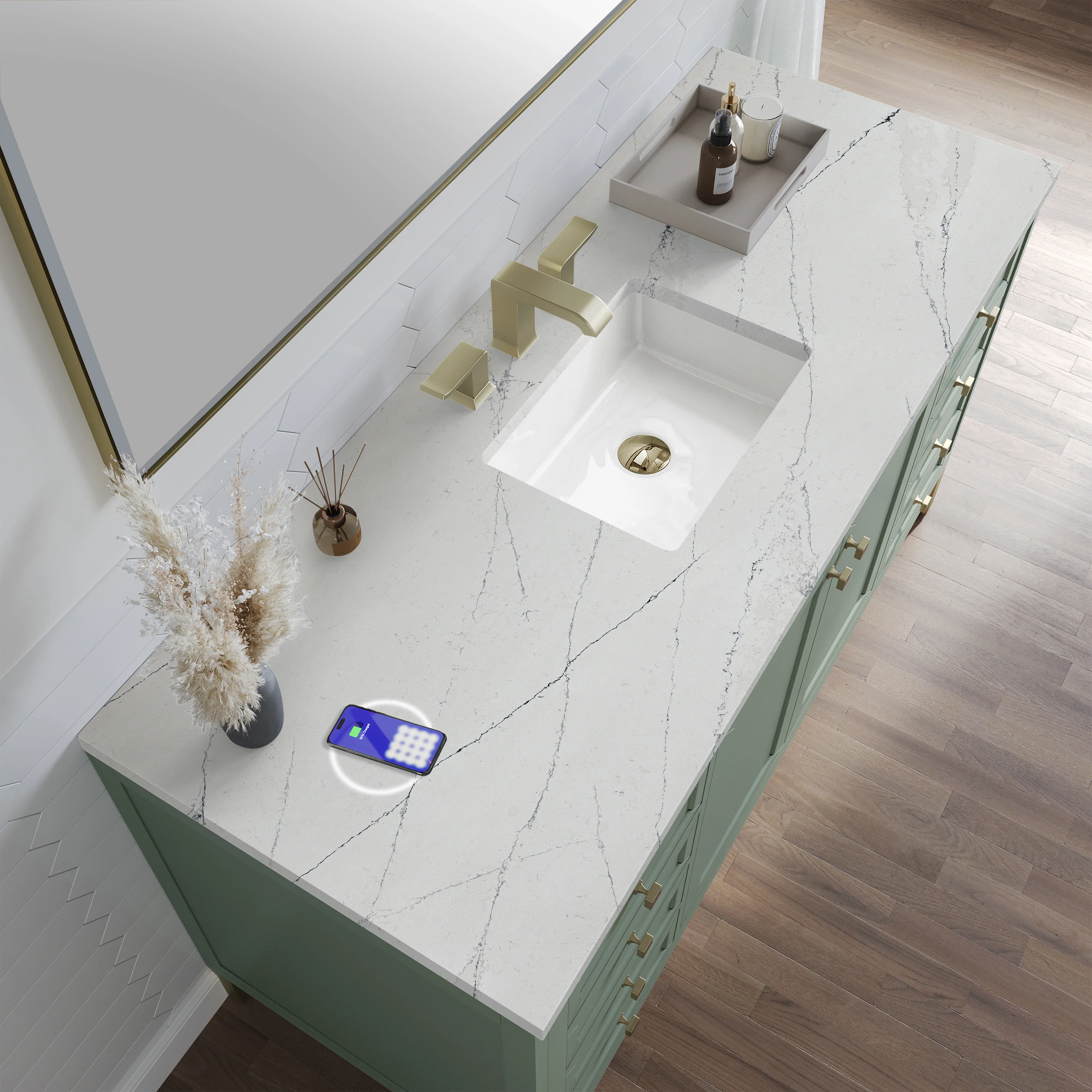 Chicago 60" Single Vanity, Smokey Celadon, w/ 3 CM Ethereal Noctis Silestone Top w/ FreePower Wireless Charger