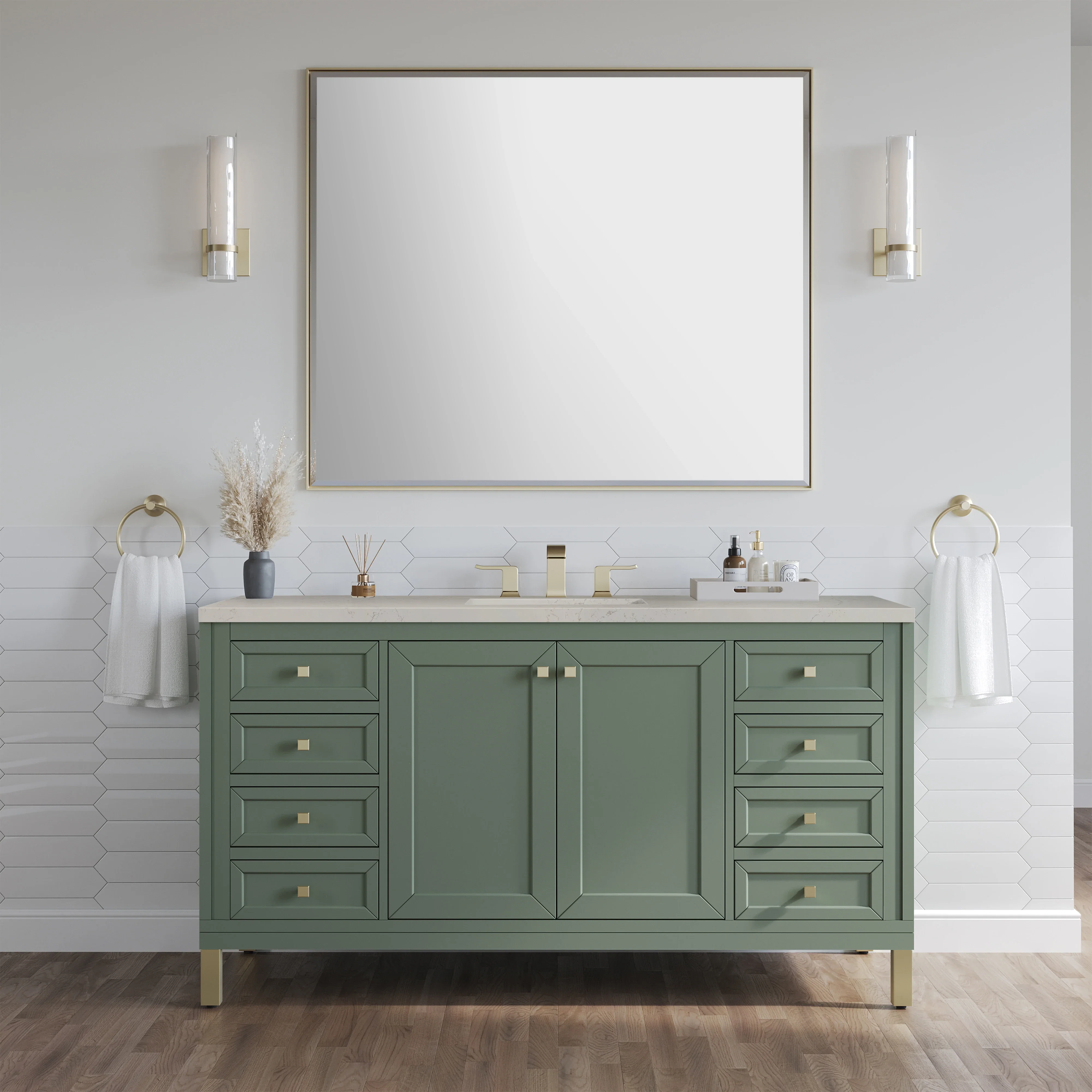 Chicago 60" Single Vanity, Smokey Celadon, w/ 3 CM Siberian Silestone Top w/FreePower Wireless Charger