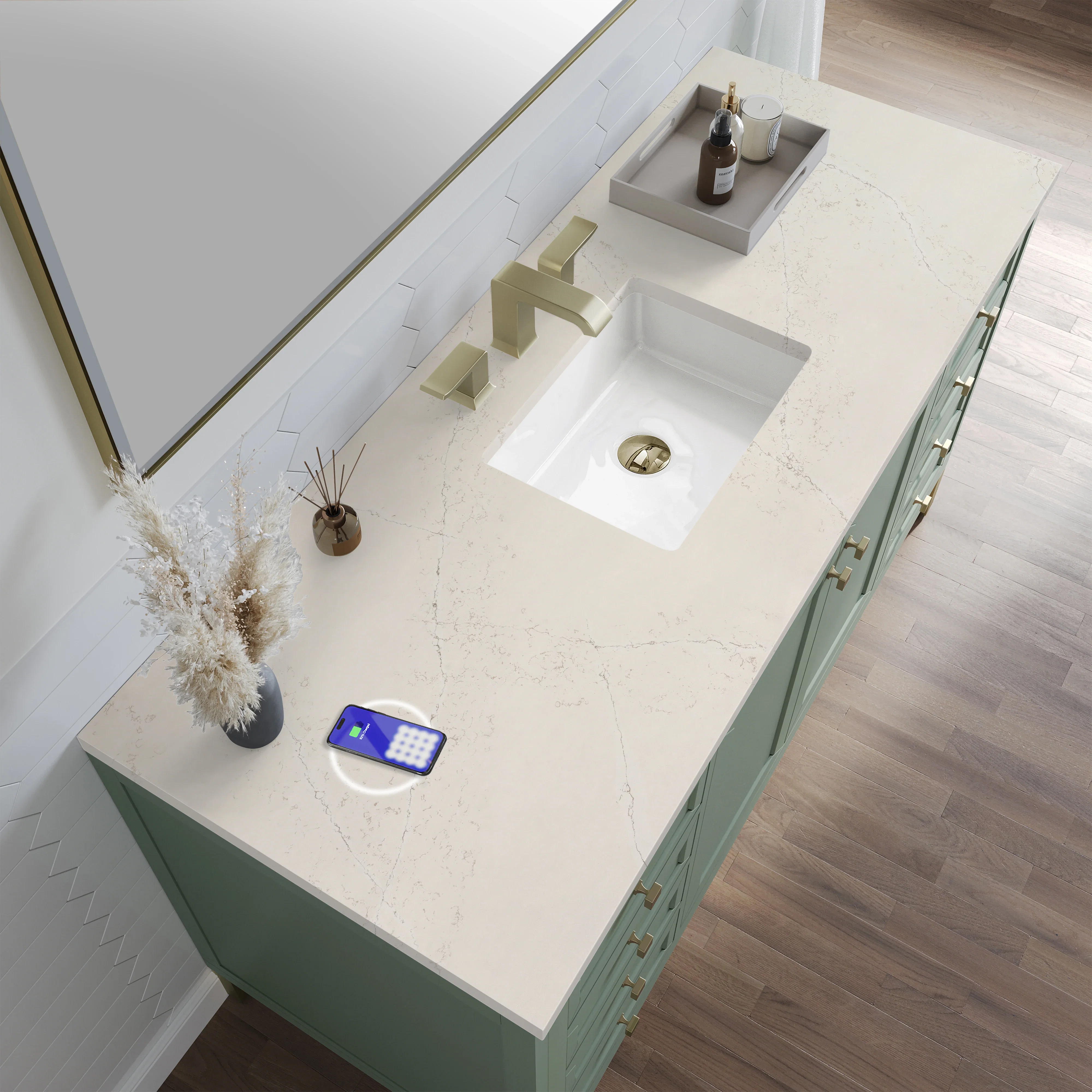 Chicago 60" Single Vanity, Smokey Celadon, w/ 3 CM Siberian Silestone Top w/FreePower Wireless Charger