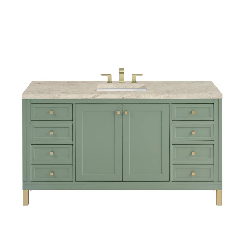 Chicago 60" Single Vanity, Smokey Celadon, w/ 3 CM Tajnar Eclos Top w/FreePower Wireless Charger