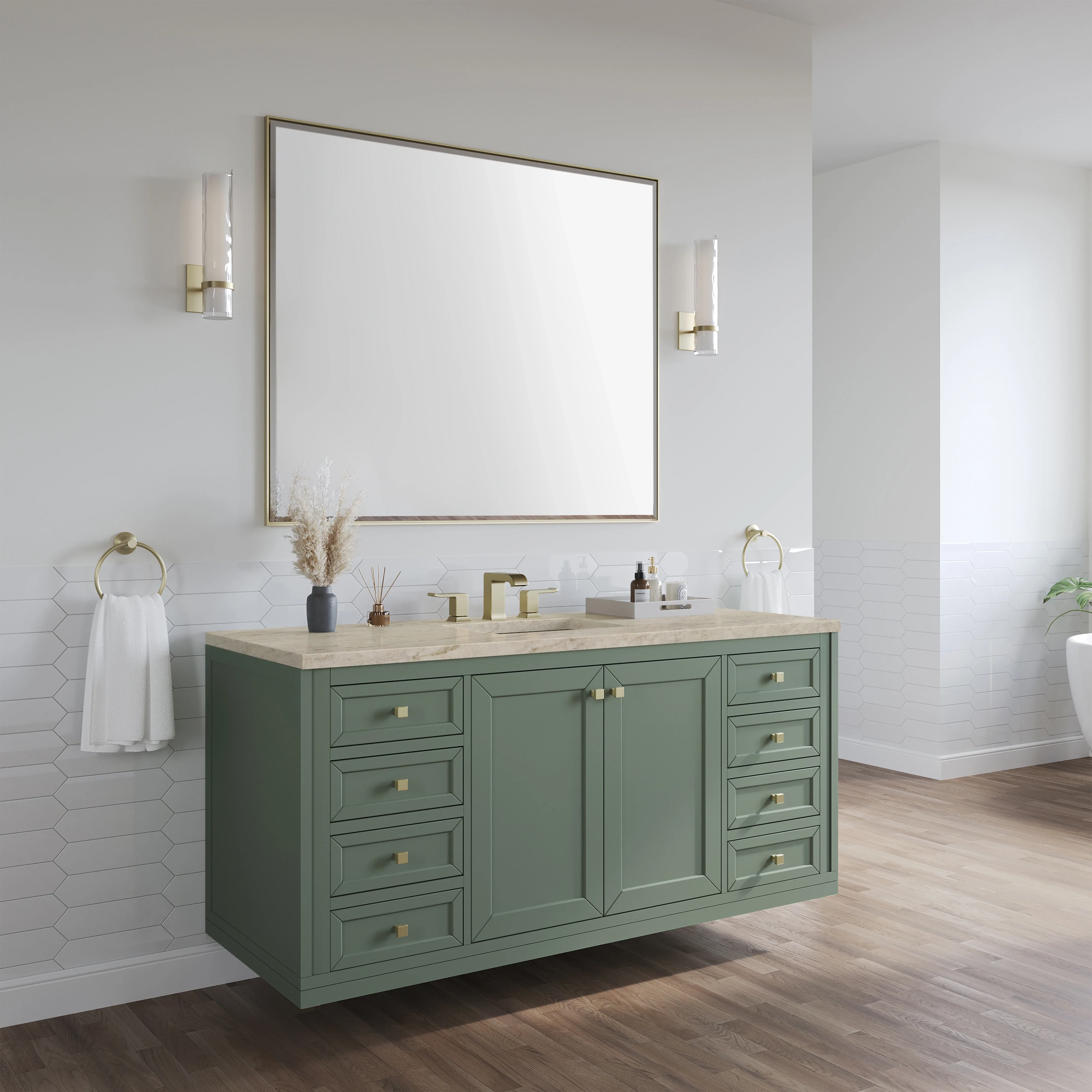 Chicago 60" Single Vanity, Smokey Celadon, w/ 3 CM Tajnar Eclos Top w/FreePower Wireless Charger