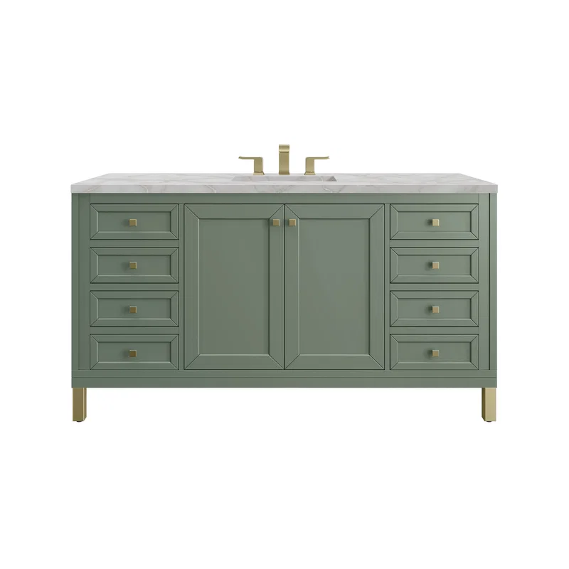 Chicago 60" Single Vanity, Smokey Celadon, w/ 3 CM Victorian Silver Silestone Top w/ FreePower Wireless Charger