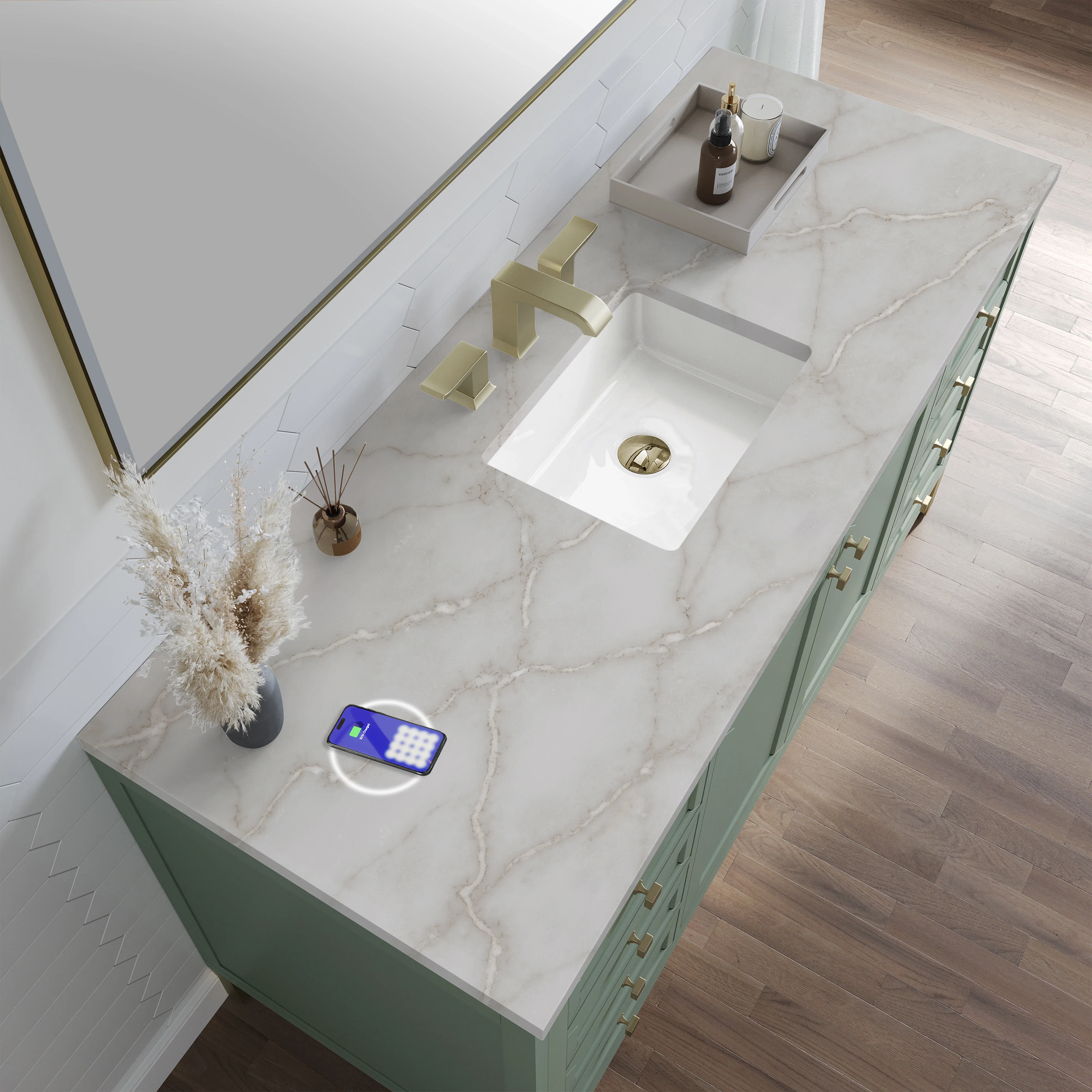 Chicago 60" Single Vanity, Smokey Celadon, w/ 3 CM Victorian Silver Silestone Top w/ FreePower Wireless Charger