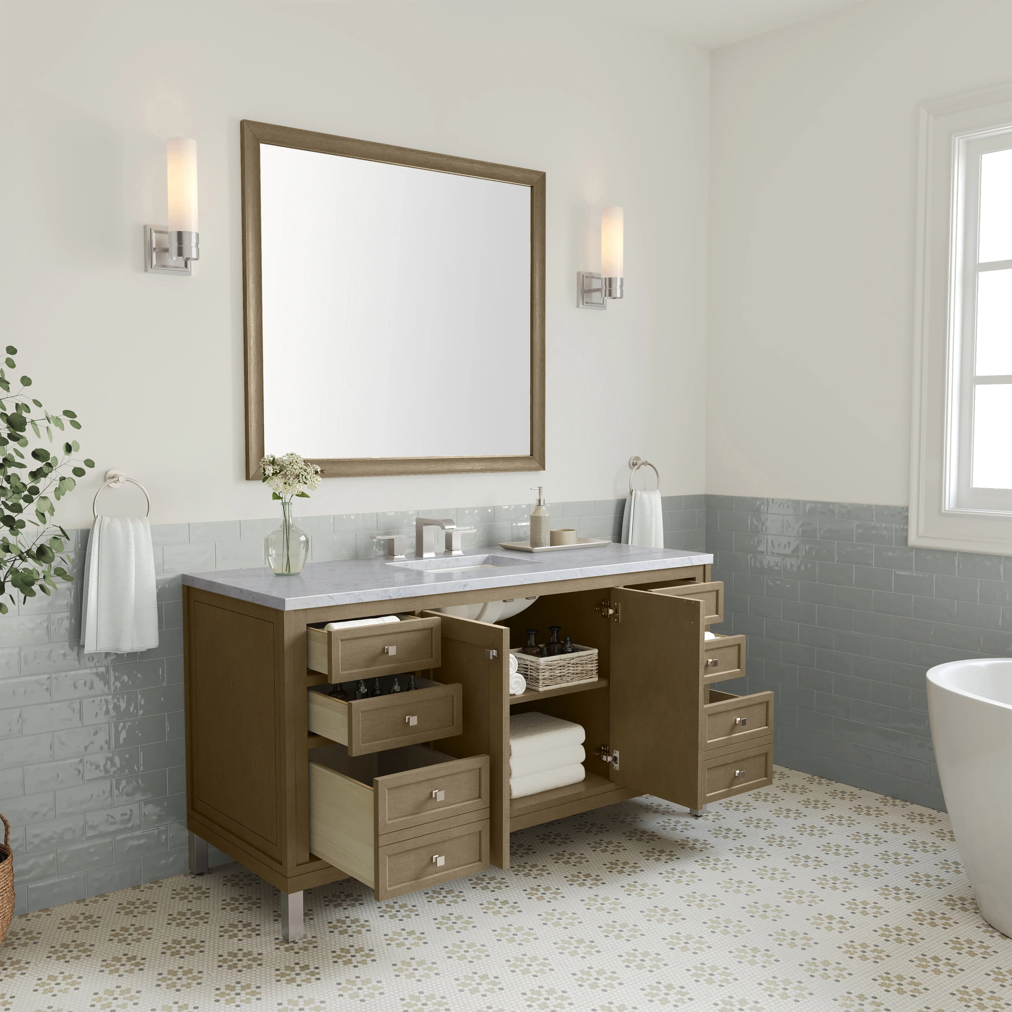 Chicago 60" Single Vanity, Walnut Whisper, w/ 3 CM Carrara Marble Top