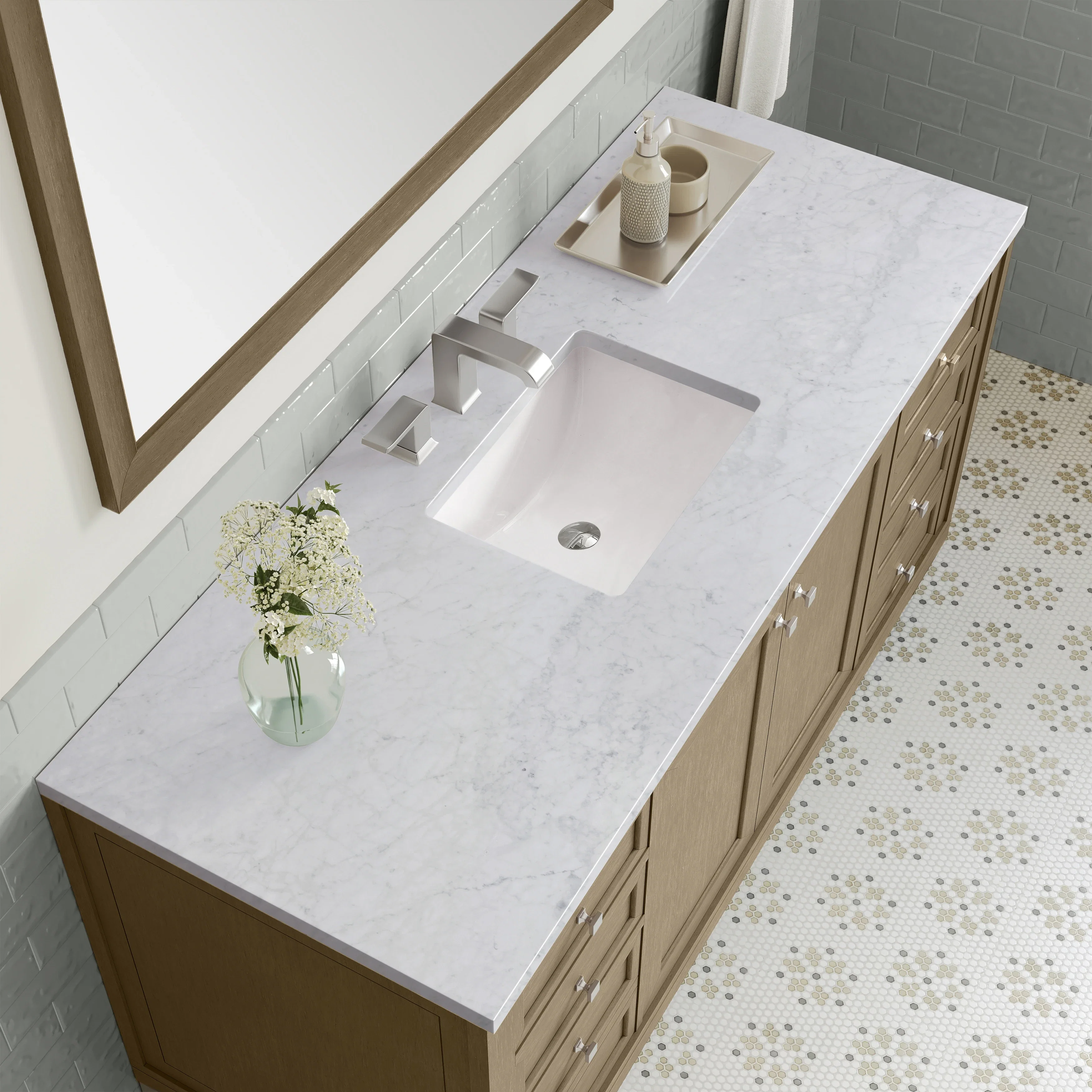 Chicago 60" Single Vanity, Walnut Whisper, w/ 3 CM Carrara Marble Top