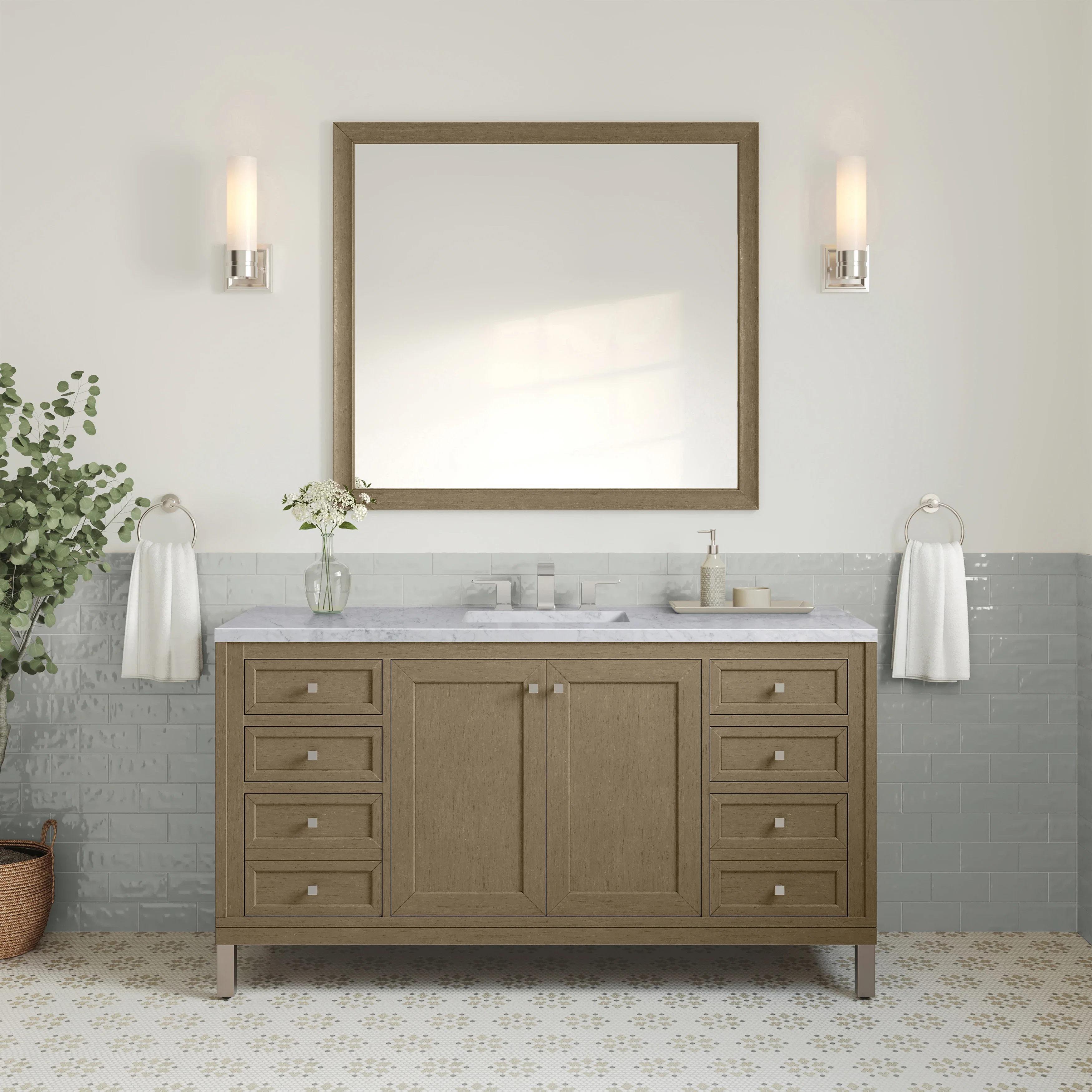 Chicago 60" Single Vanity, Walnut Whisper, w/ 3 CM Carrara Marble Top