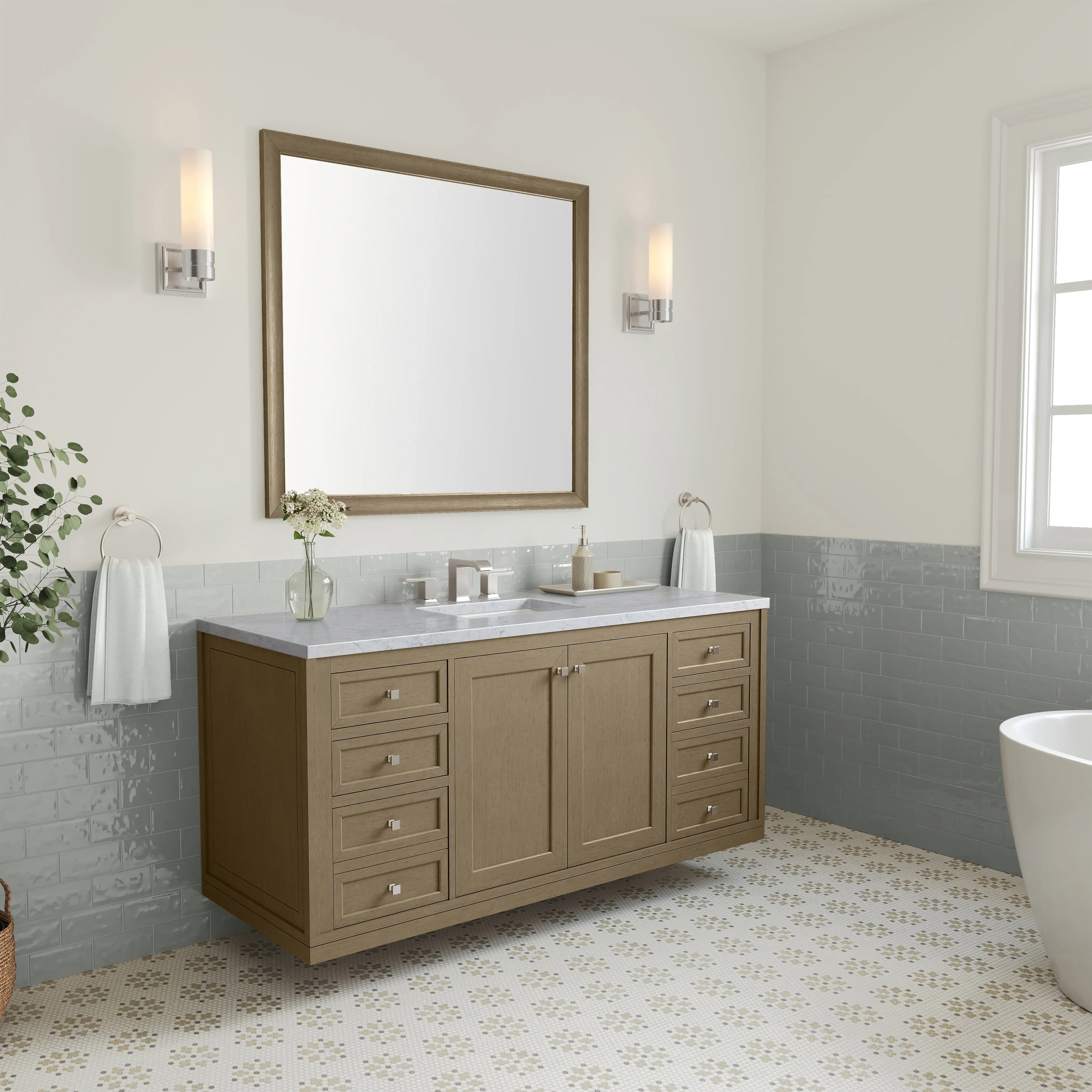 Chicago 60" Single Vanity, Walnut Whisper, w/ 3 CM Carrara Marble Top
