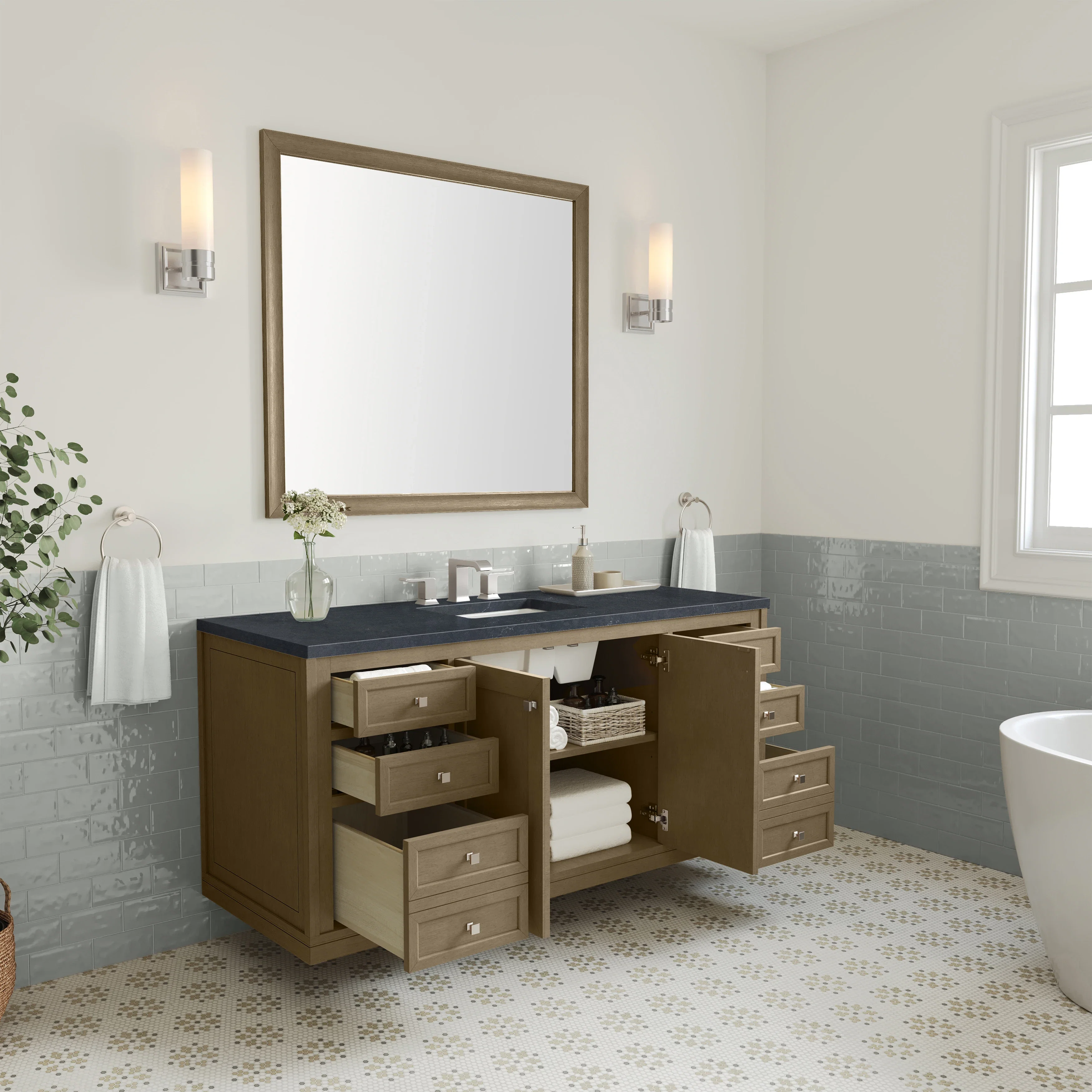 Chicago 60" Single Vanity, Walnut Whisper, w/ 3 CM Charcoal Soapstone Silestone® Top