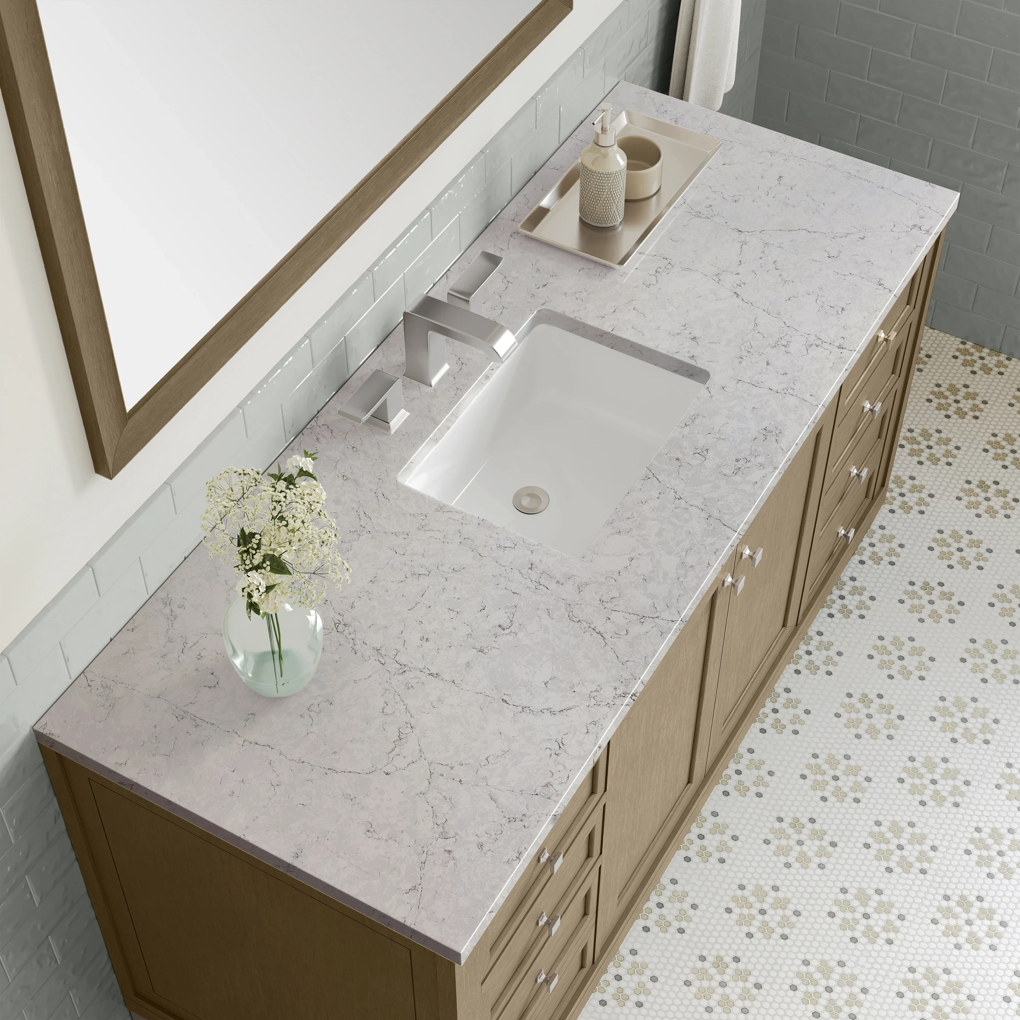 Chicago 60" Single Vanity, Walnut Whisper, w/ 3 CM Eternal Jasmine Pearl Silestone® Top
