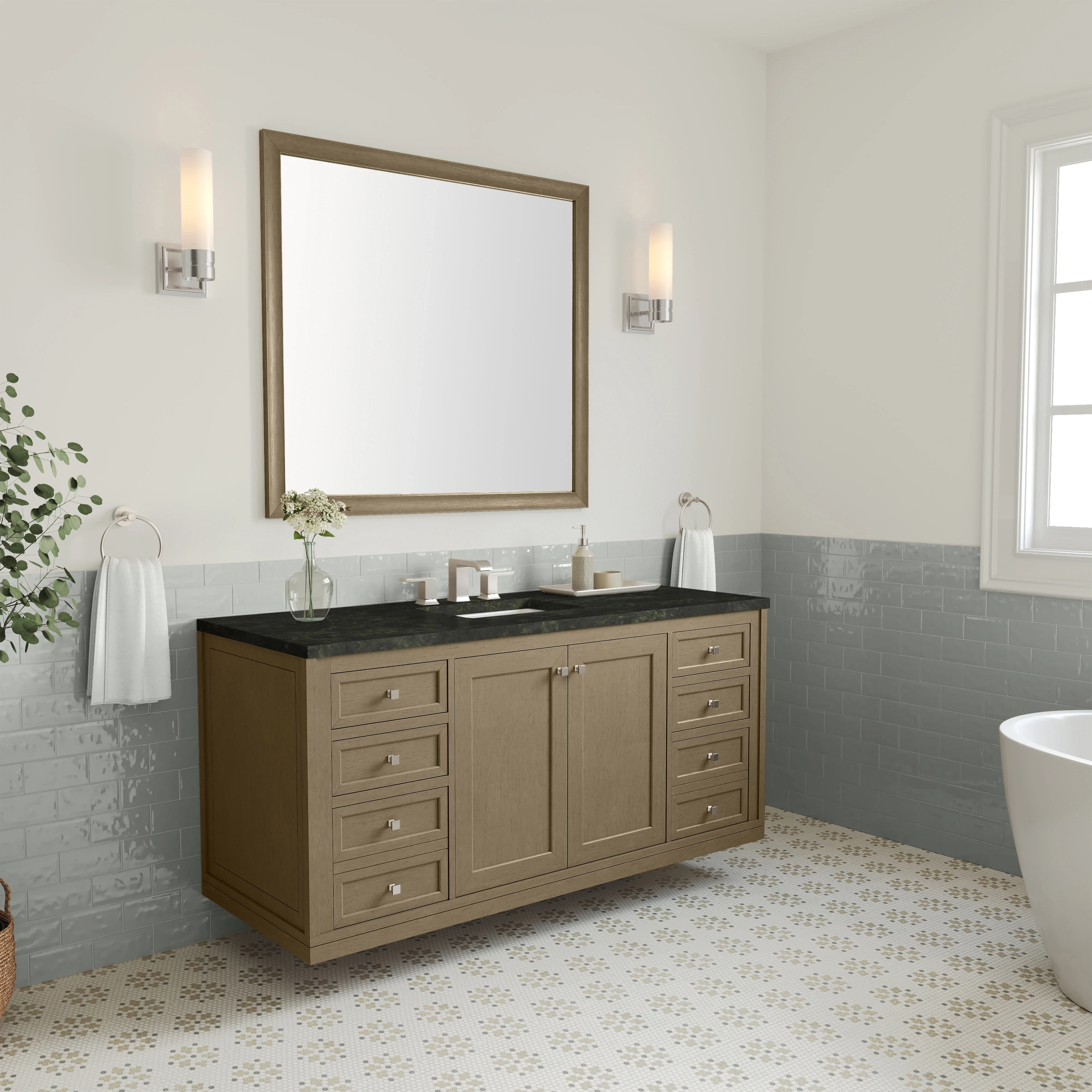 Chicago 60" Single Vanity, Walnut Whisper, w/ 3 CM Phantome Eclos Top