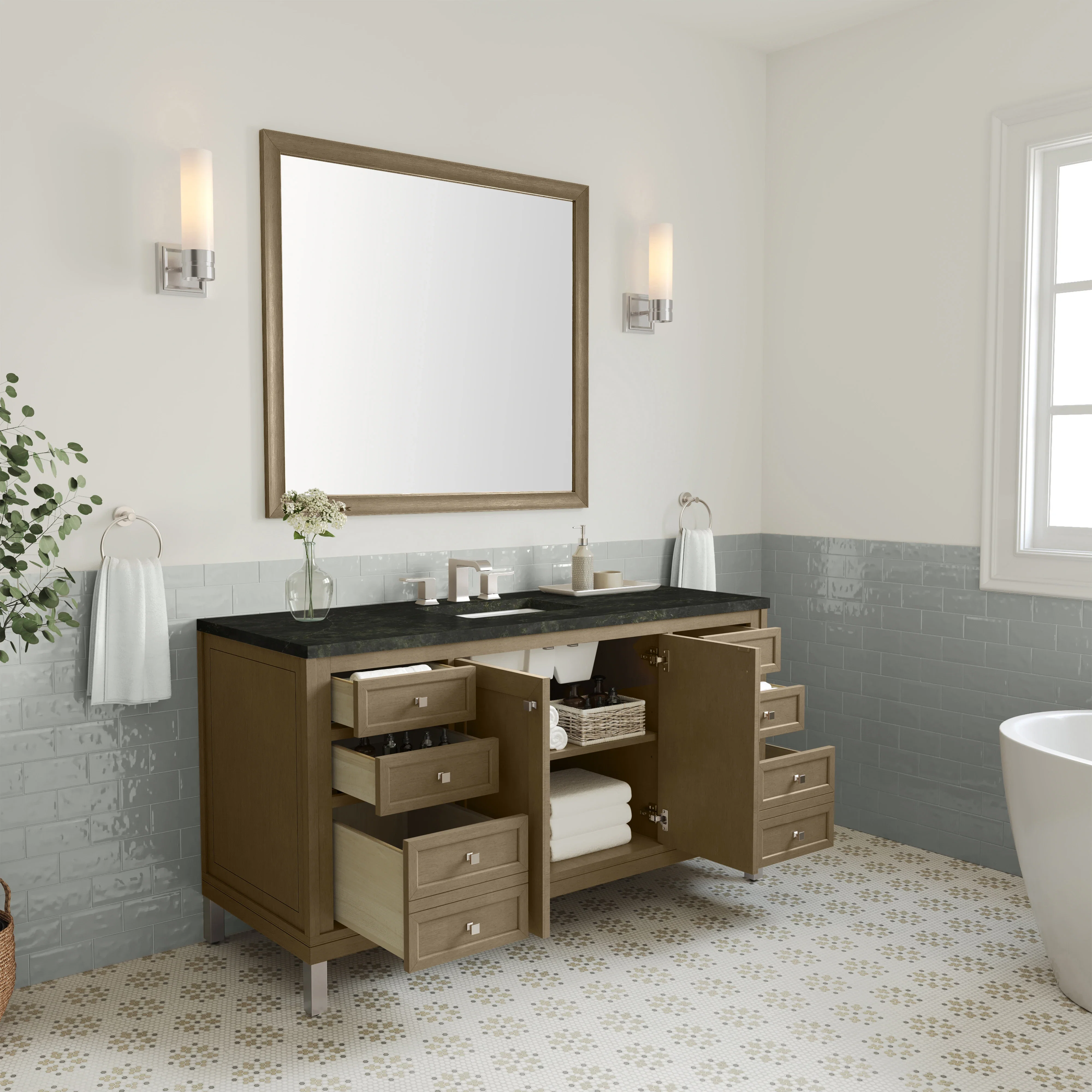 Chicago 60" Single Vanity, Walnut Whisper, w/ 3 CM Phantome Eclos Top