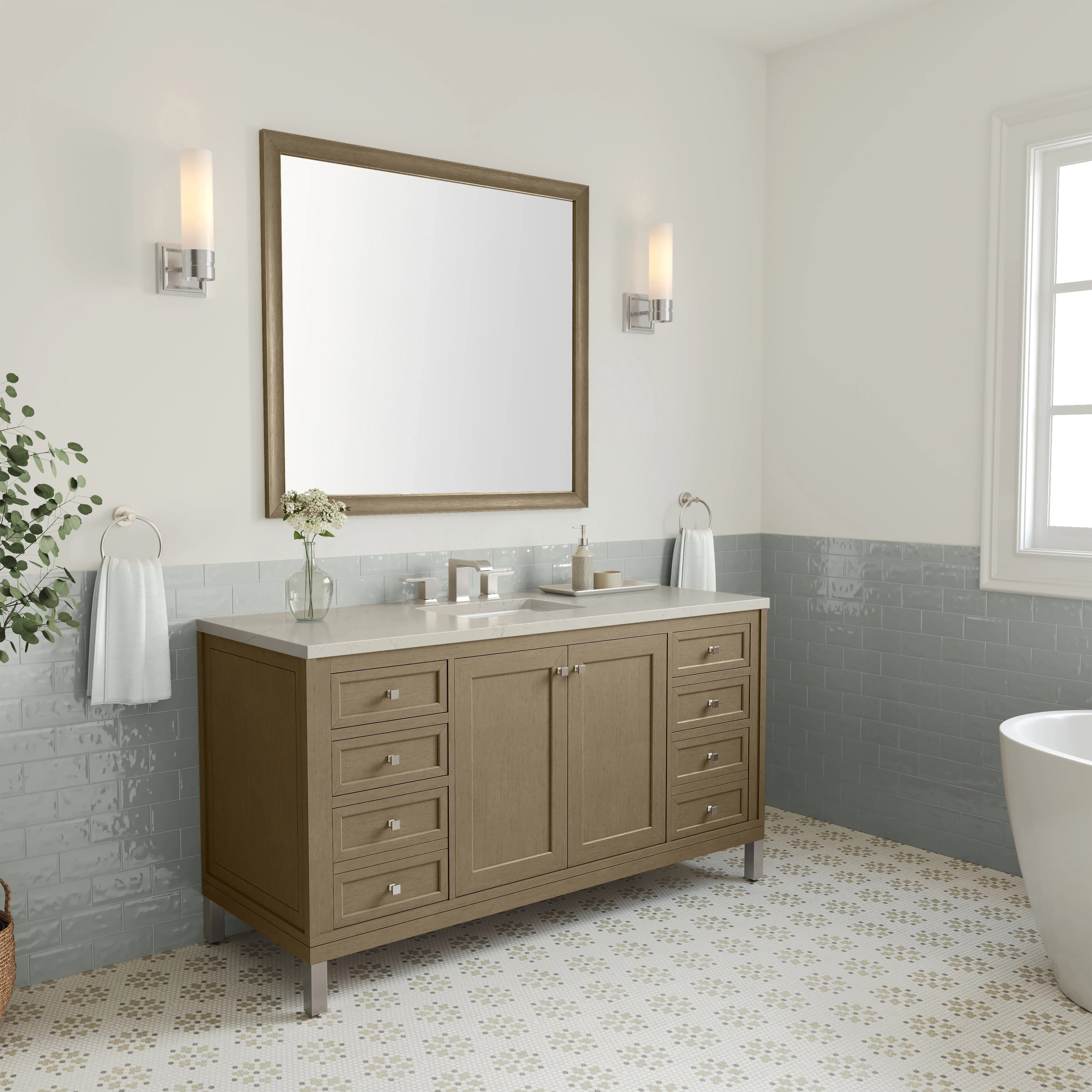 Chicago 60" Single Vanity, Walnut Whisper, w/ 3 CM Siberian Silestone Top