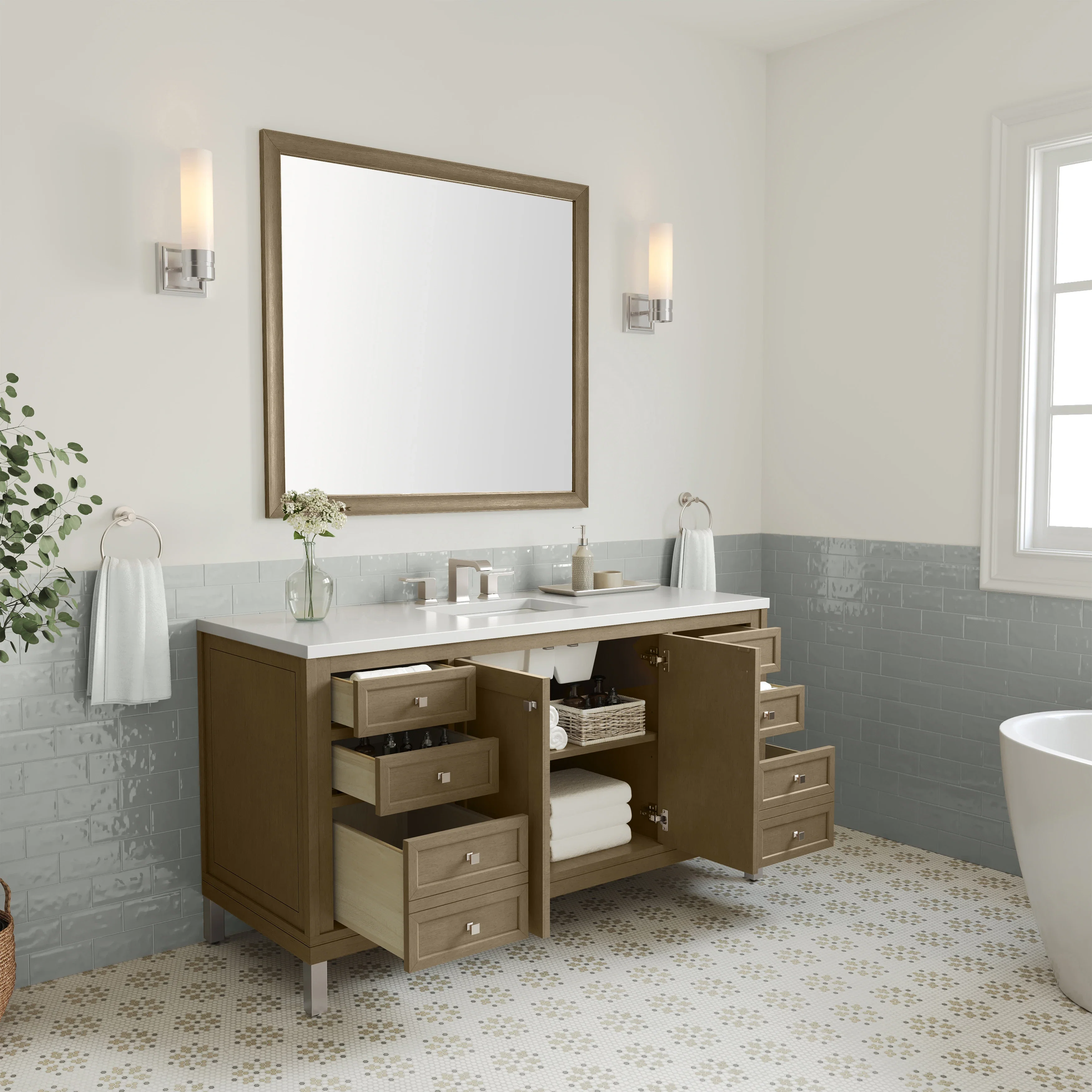 Chicago 60" Single Vanity, Walnut Whisper, w/ 3 CM White Zeus Silestone® Top