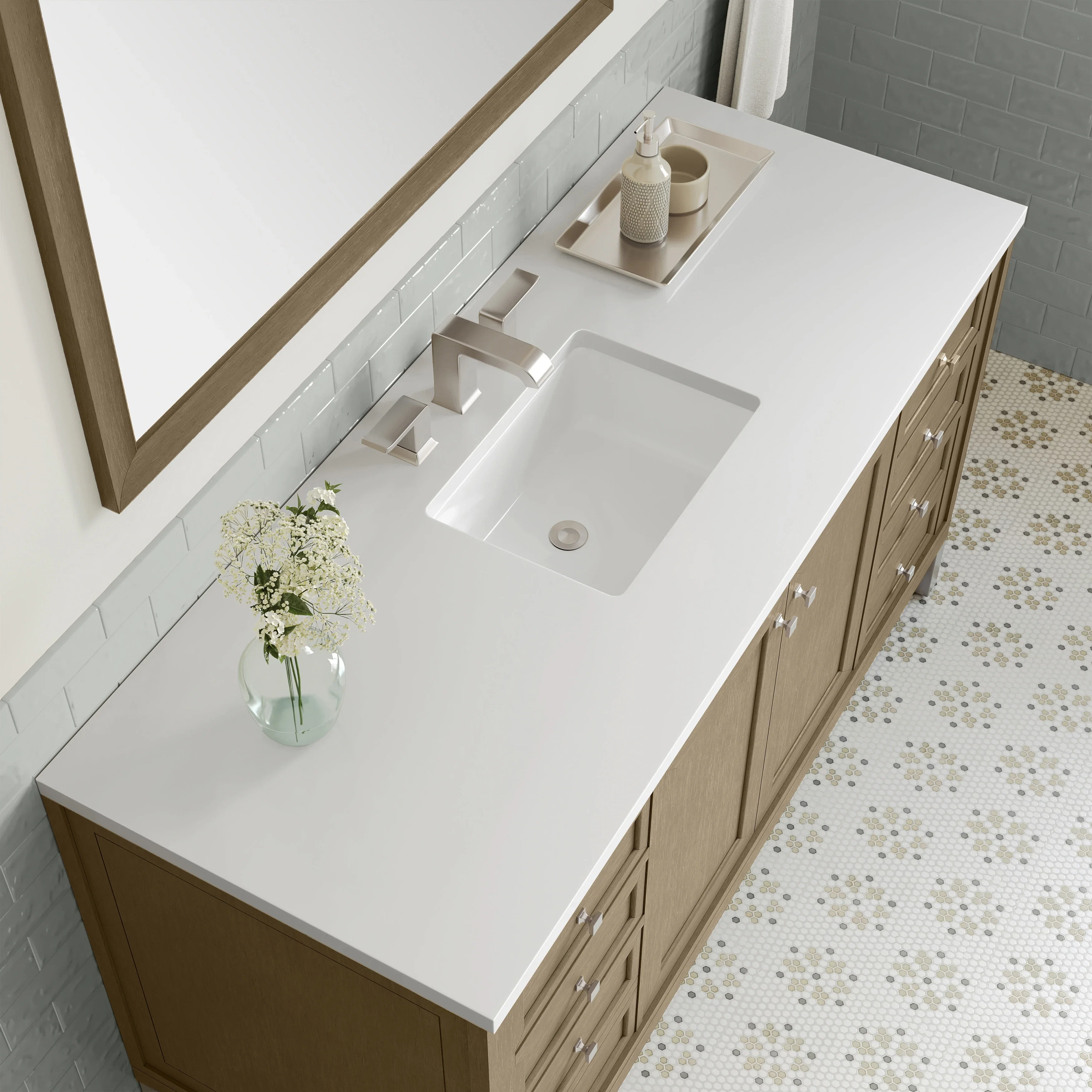 Chicago 60" Single Vanity, Walnut Whisper, w/ 3 CM White Zeus Silestone® Top
