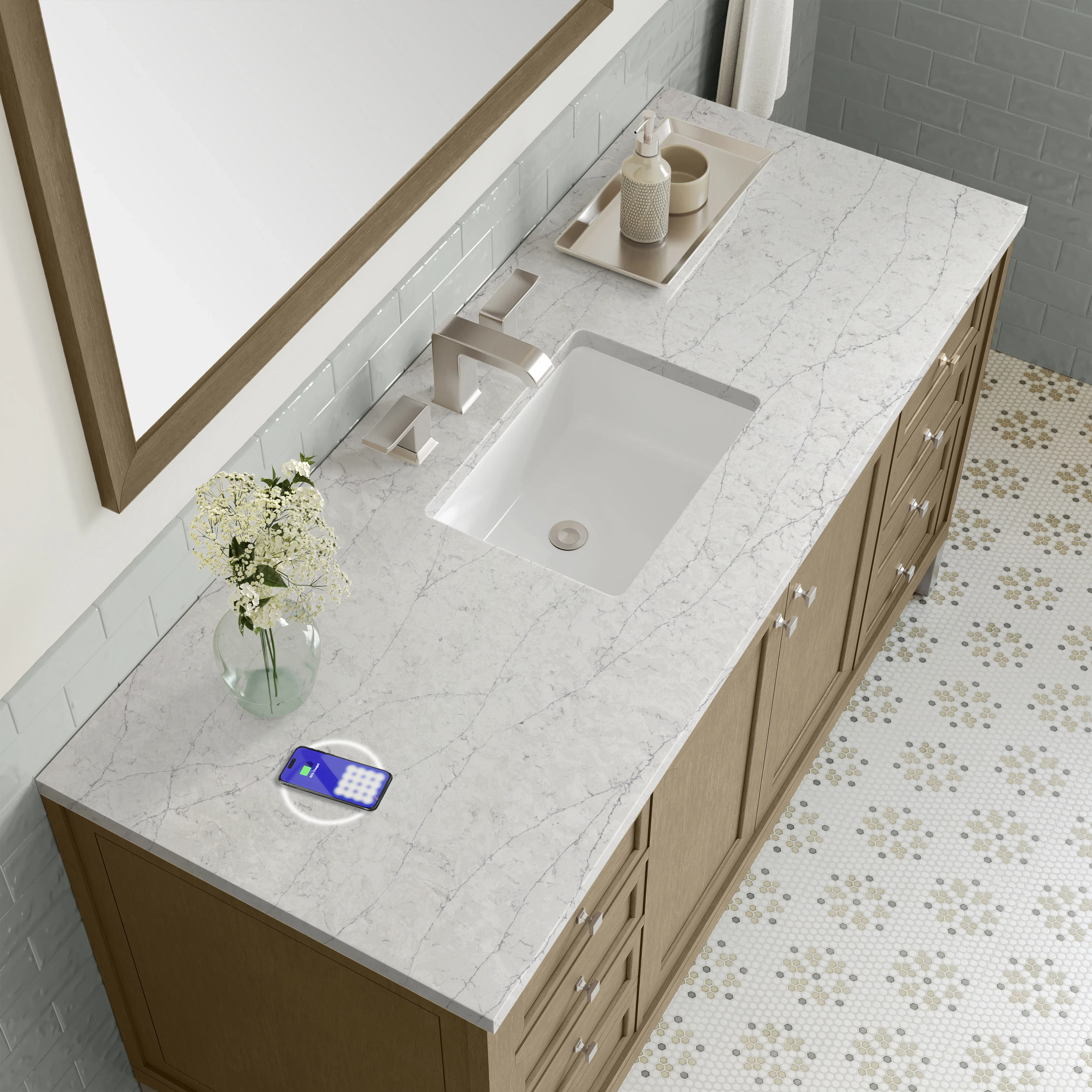 Chicago 60" Single Vanity, Walnut Whisper, w/ 3 CM Eternal Jasmine Pearl Silestone Top w/ FreePower Wireless Charger