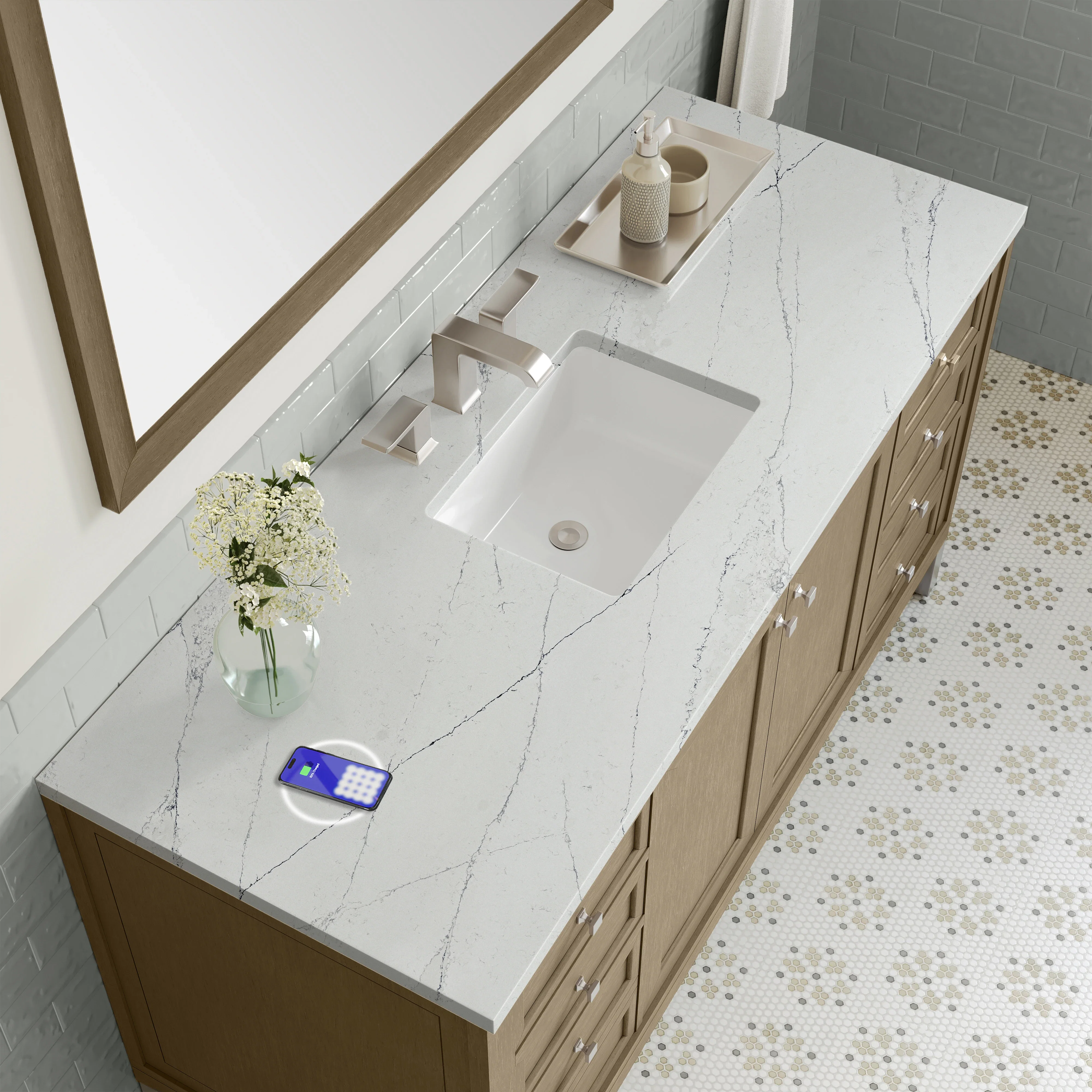 Chicago 60" Single Vanity, Walnut Whisper, w/ 3 CM Ethereal Noctis Silestone Top w/ FreePower Wireless Charger