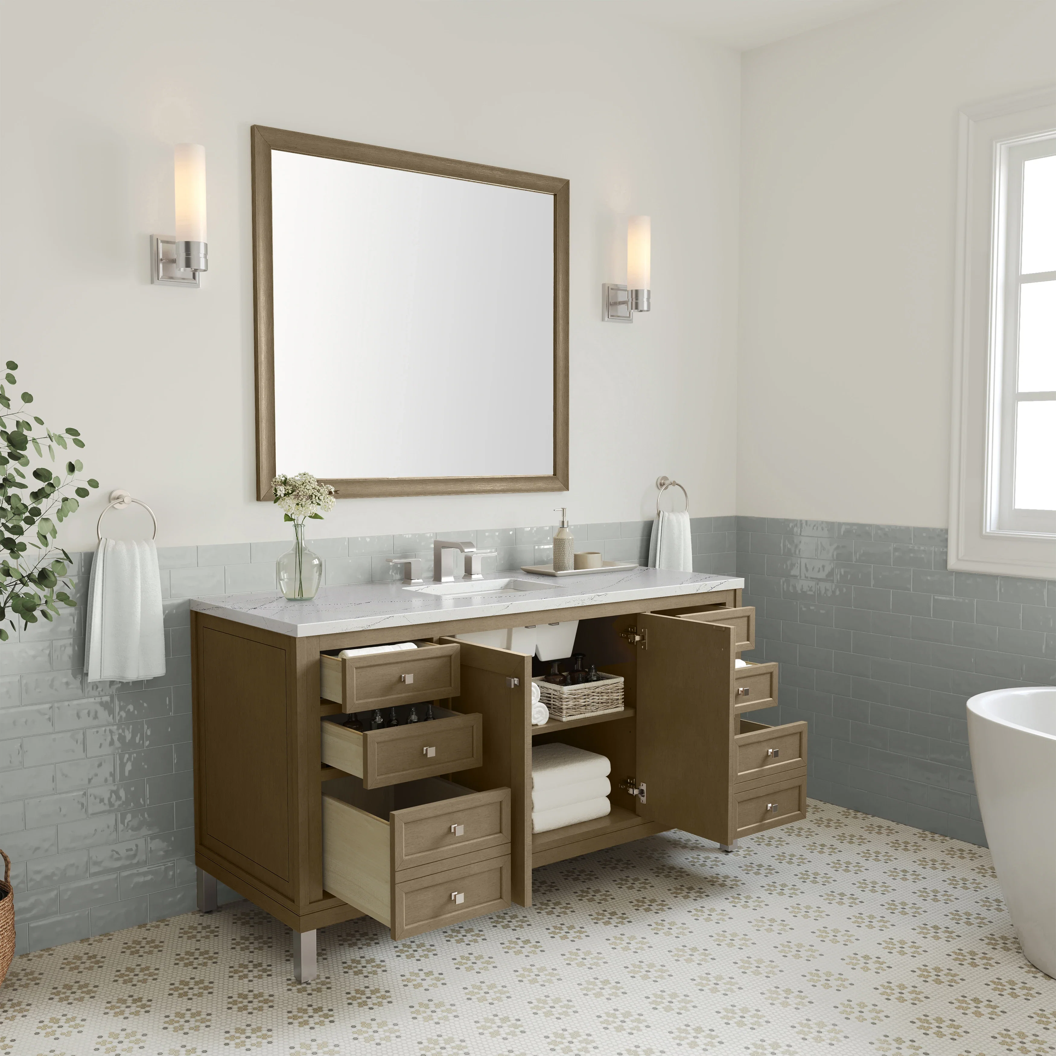 Chicago 60" Single Vanity, Walnut Whisper, w/ 3 CM Ethereal Noctis Silestone Top w/ FreePower Wireless Charger