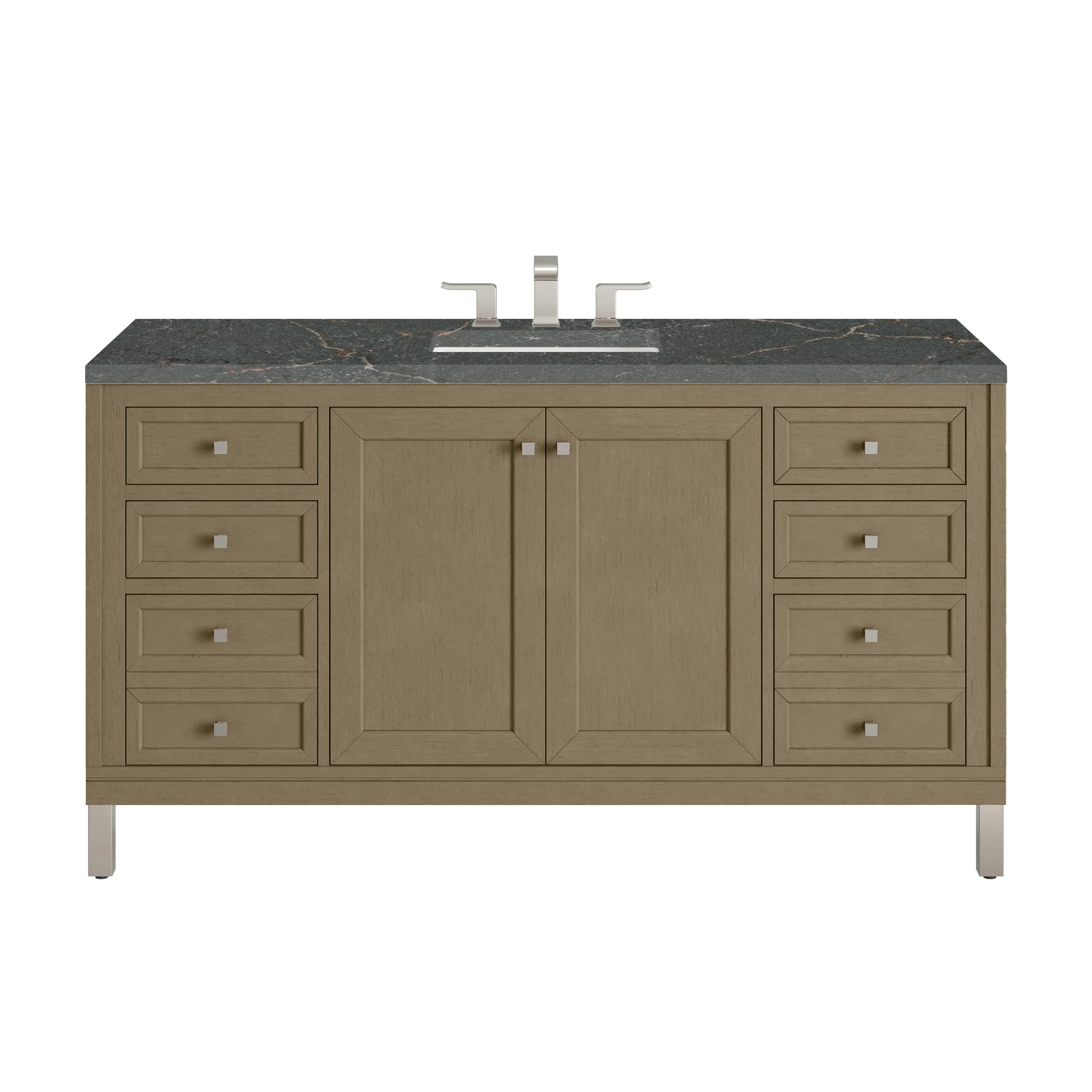 Chicago 60" Single Vanity, Walnut Whisper, w/ 3 CM Parisien Bleu Silestone® Top w/FreePower Wireless Charger