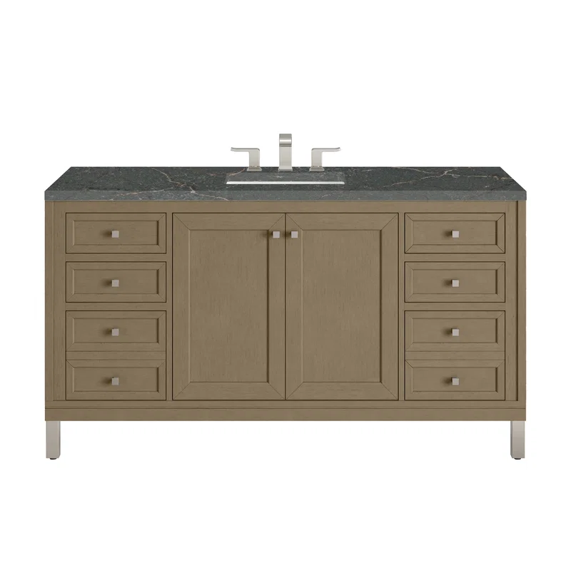 Chicago 60" Single Vanity, Walnut Whisper, w/ 3 CM Parisien Bleu Silestone® Top w/FreePower Wireless Charger