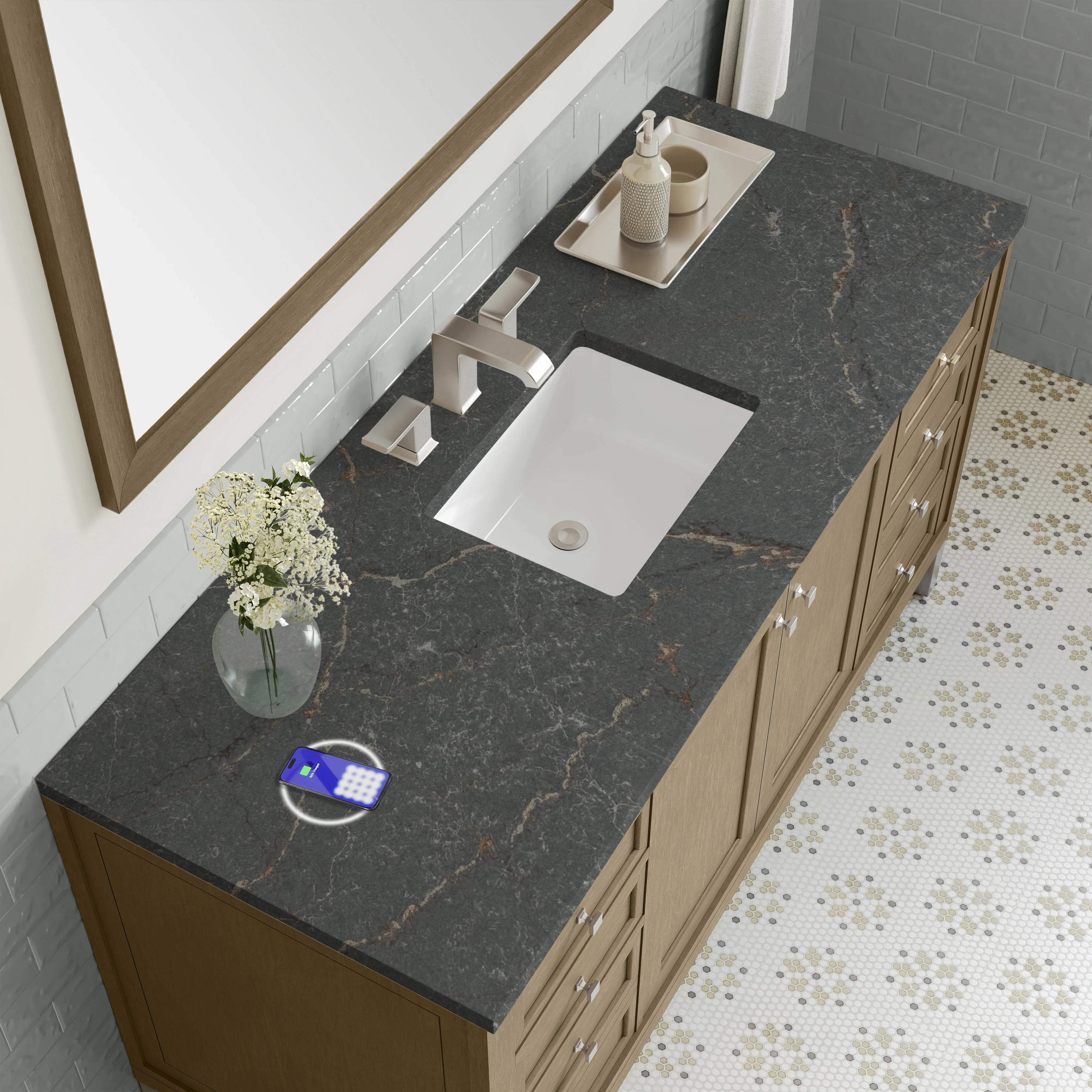 Chicago 60" Single Vanity, Walnut Whisper, w/ 3 CM Parisien Bleu Silestone® Top w/FreePower Wireless Charger
