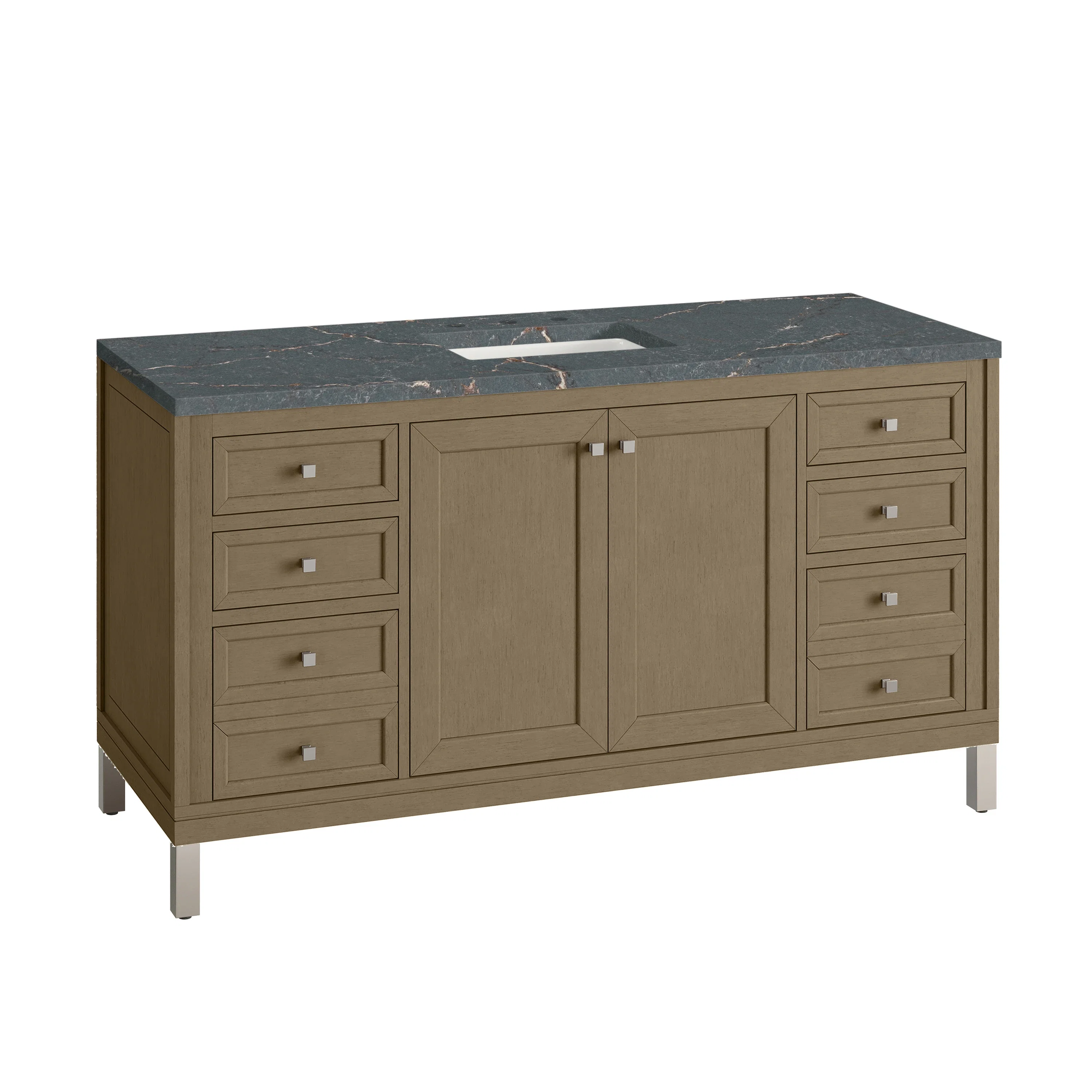 Chicago 60" Single Vanity, Walnut Whisper, w/ 3 CM Parisien Bleu Silestone® Top w/FreePower Wireless Charger
