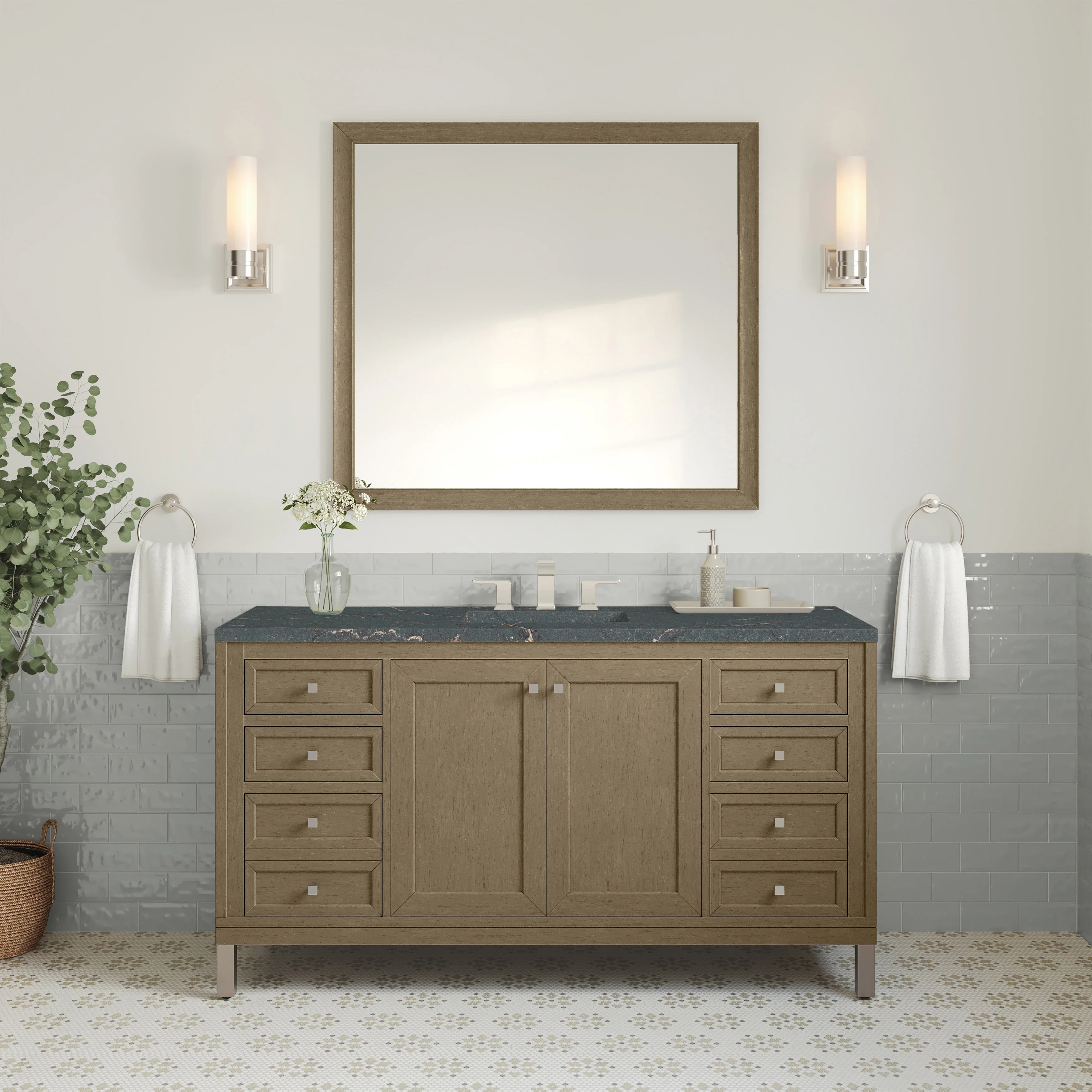 Chicago 60" Single Vanity, Walnut Whisper, w/ 3 CM Parisien Bleu Silestone® Top w/FreePower Wireless Charger
