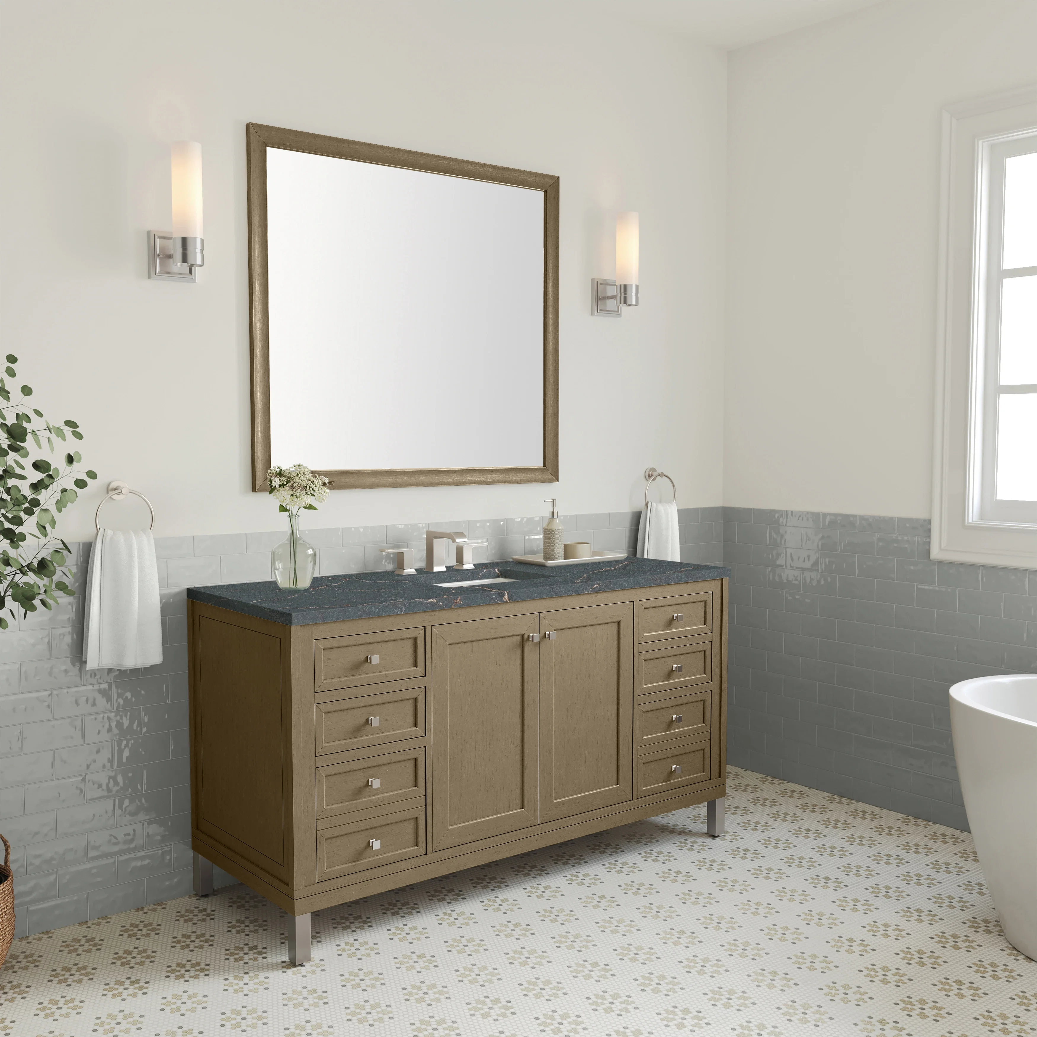 Chicago 60" Single Vanity, Walnut Whisper, w/ 3 CM Parisien Bleu Silestone® Top w/FreePower Wireless Charger