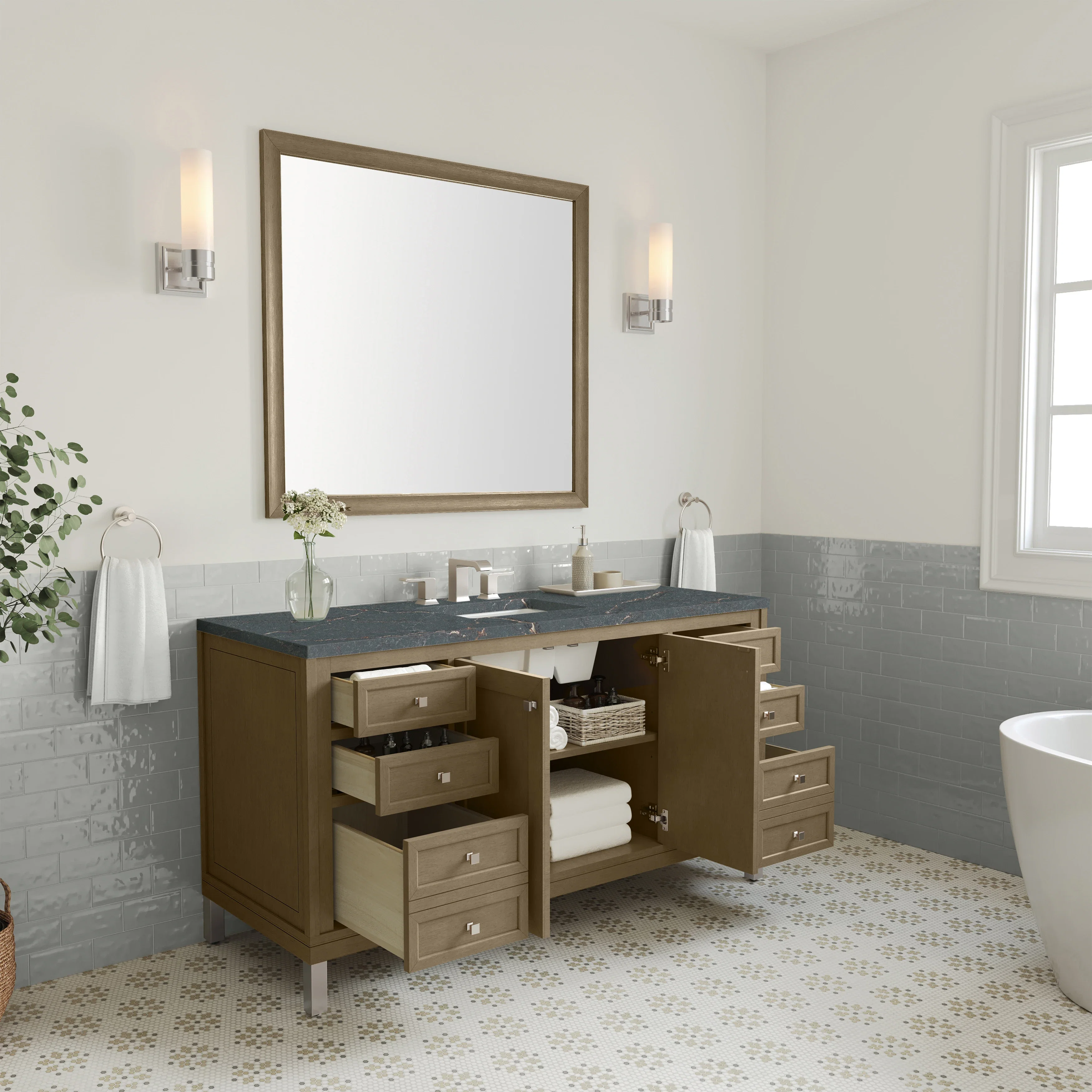 Chicago 60" Single Vanity, Walnut Whisper, w/ 3 CM Parisien Bleu Silestone® Top w/FreePower Wireless Charger
