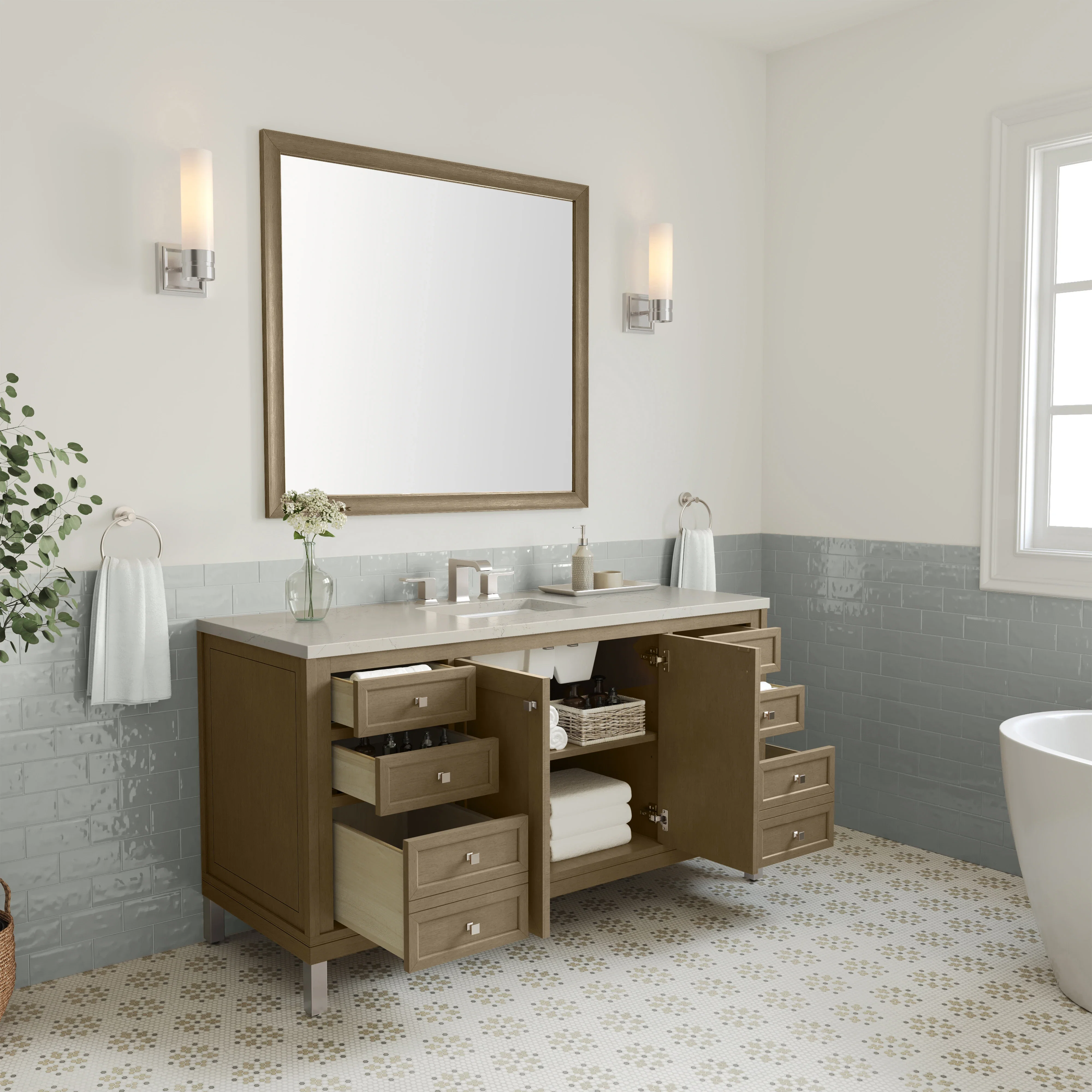 Chicago 60" Single Vanity, Walnut Whisper, w/ 3 CM Siberian Silestone Top w/FreePower Wireless Charger