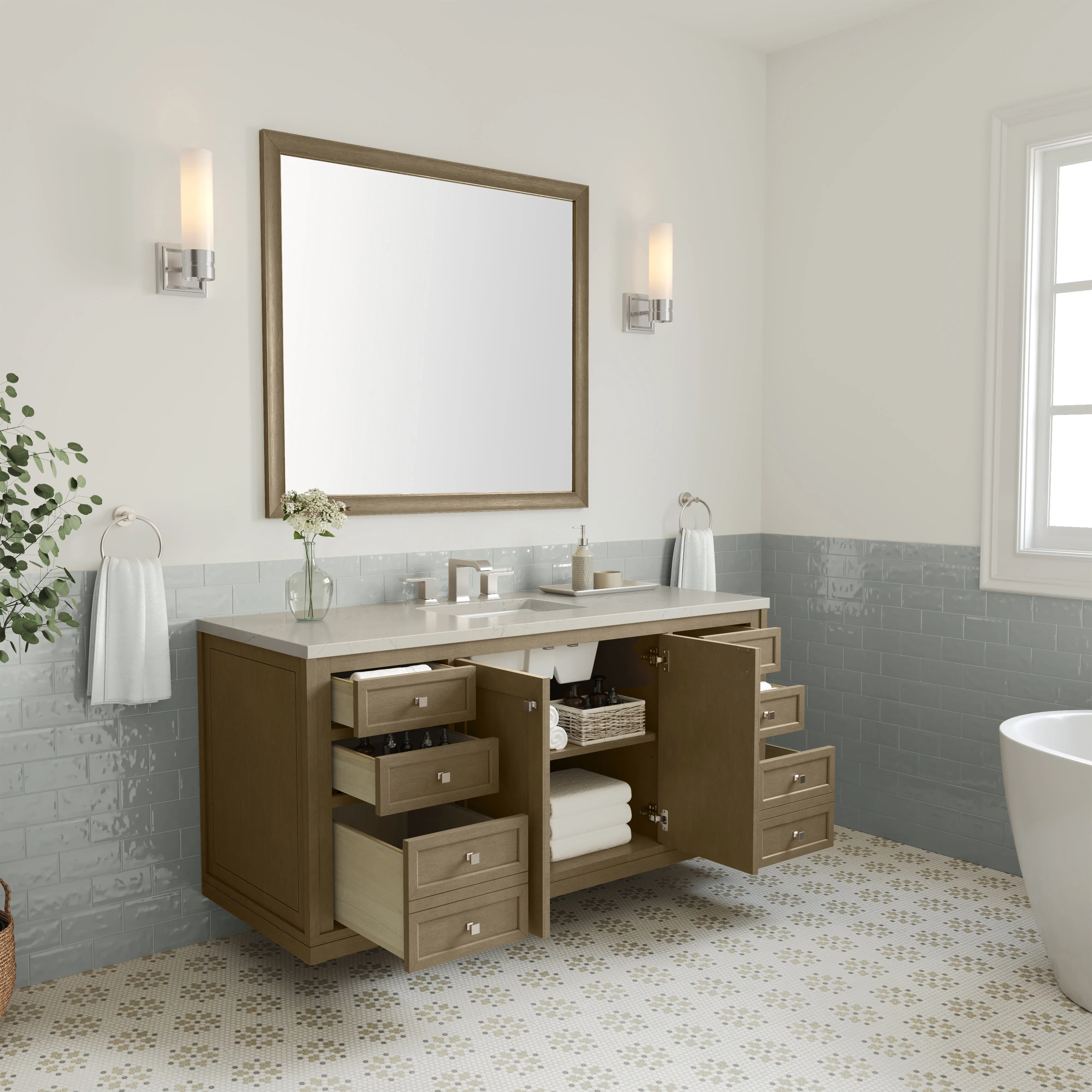 Chicago 60" Single Vanity, Walnut Whisper, w/ 3 CM Siberian Silestone Top w/FreePower Wireless Charger
