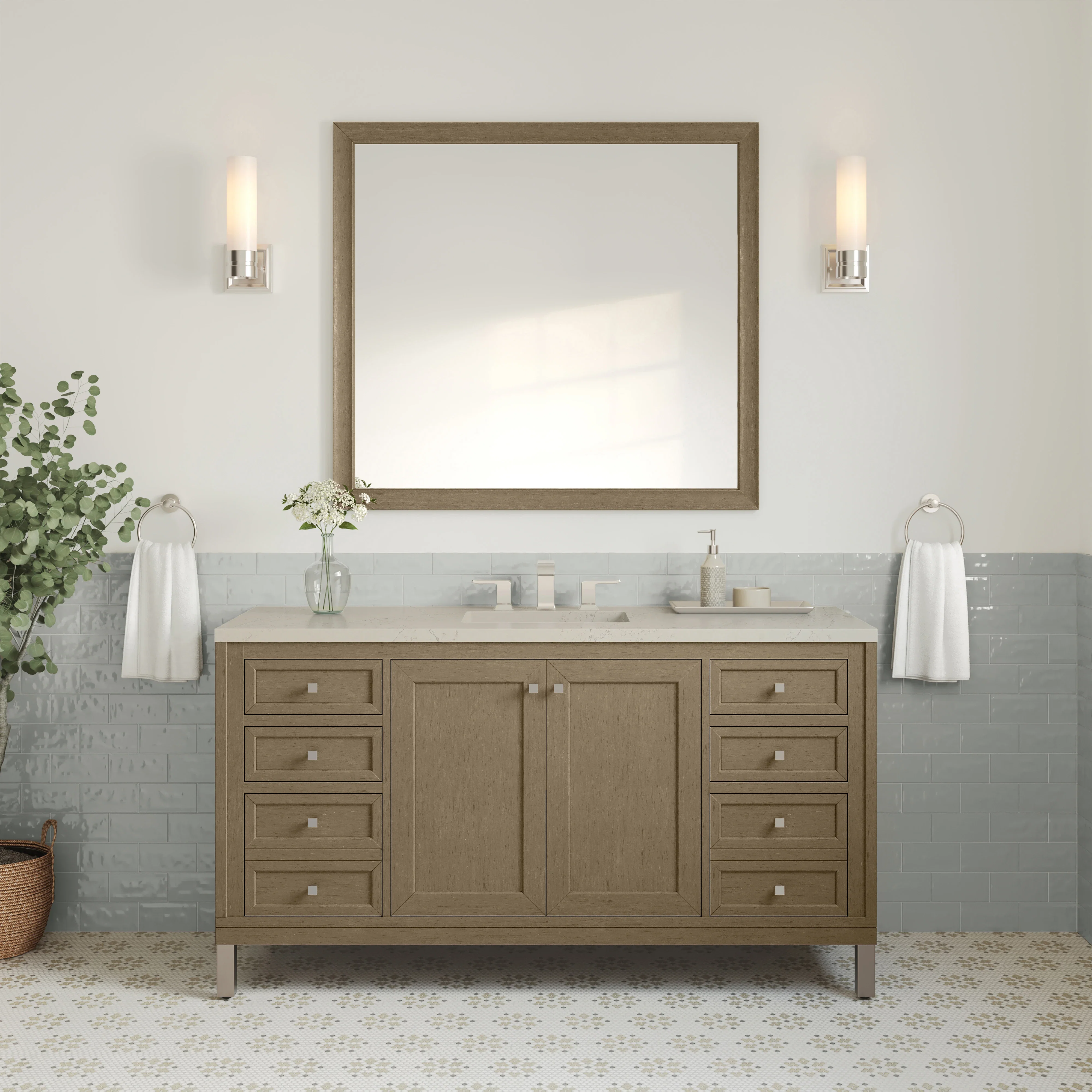 Chicago 60" Single Vanity, Walnut Whisper, w/ 3 CM Siberian Silestone Top w/FreePower Wireless Charger