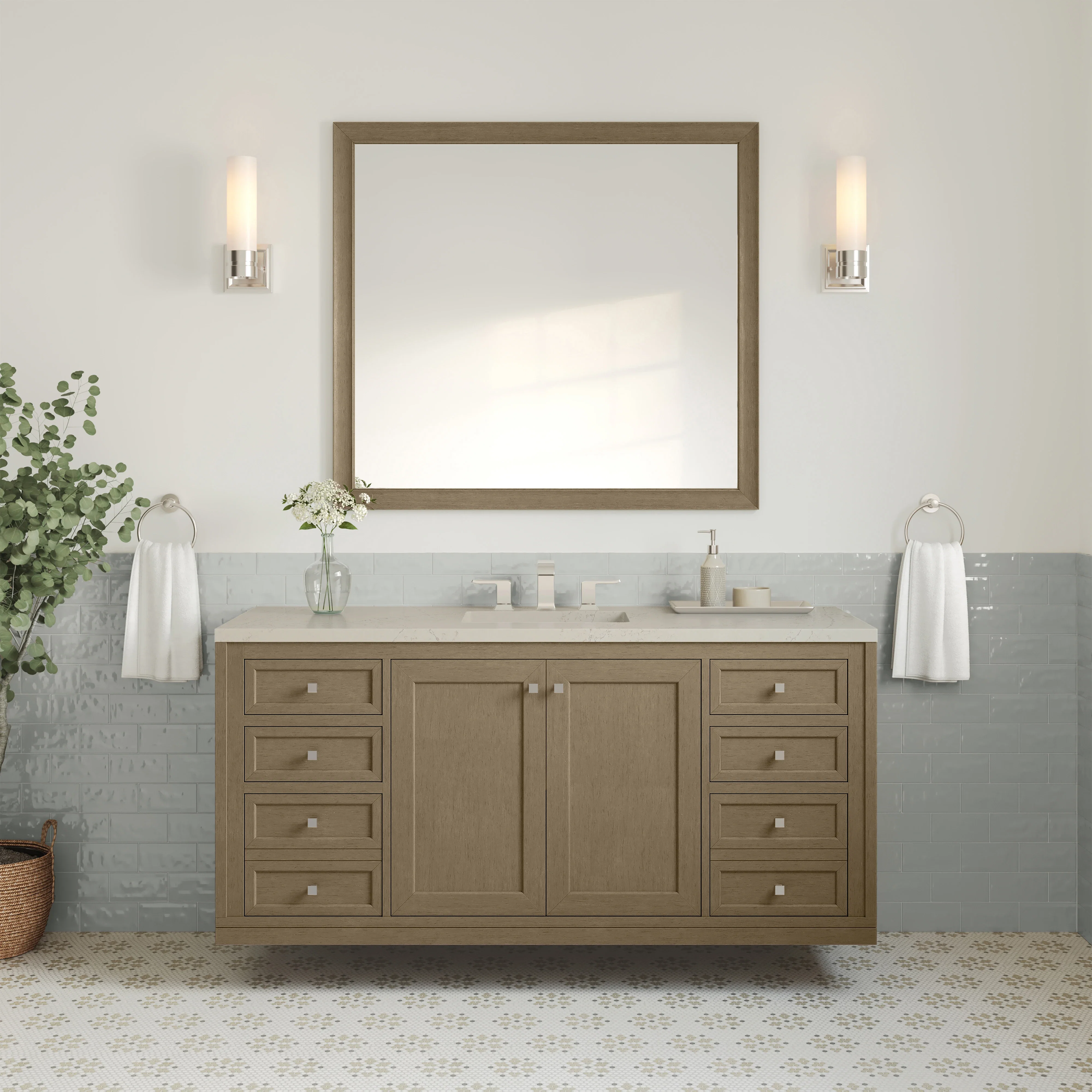 Chicago 60" Single Vanity, Walnut Whisper, w/ 3 CM Siberian Silestone Top w/FreePower Wireless Charger