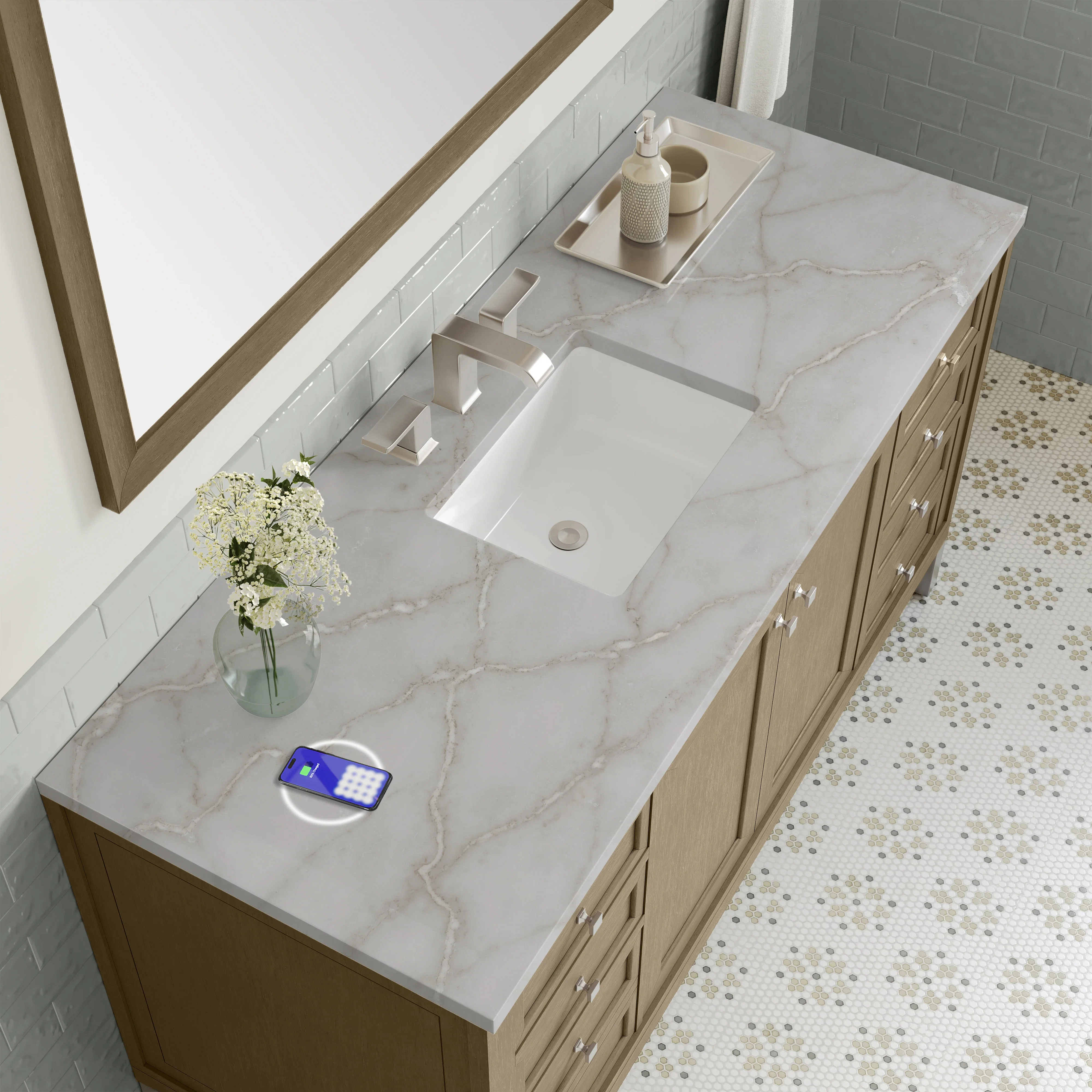 Chicago 60" Single Vanity, Walnut Whisper, w/ 3 CM Victorian Silver Silestone Top w/ FreePower Wireless Charger