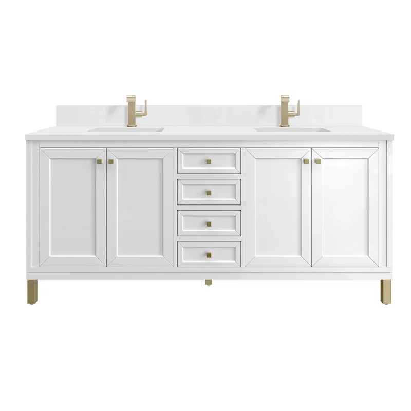 Chicago 72" Double Vanity, Glossy White, w/ Single Hole 3CM White Zeus Silestone® Top & Backsplash