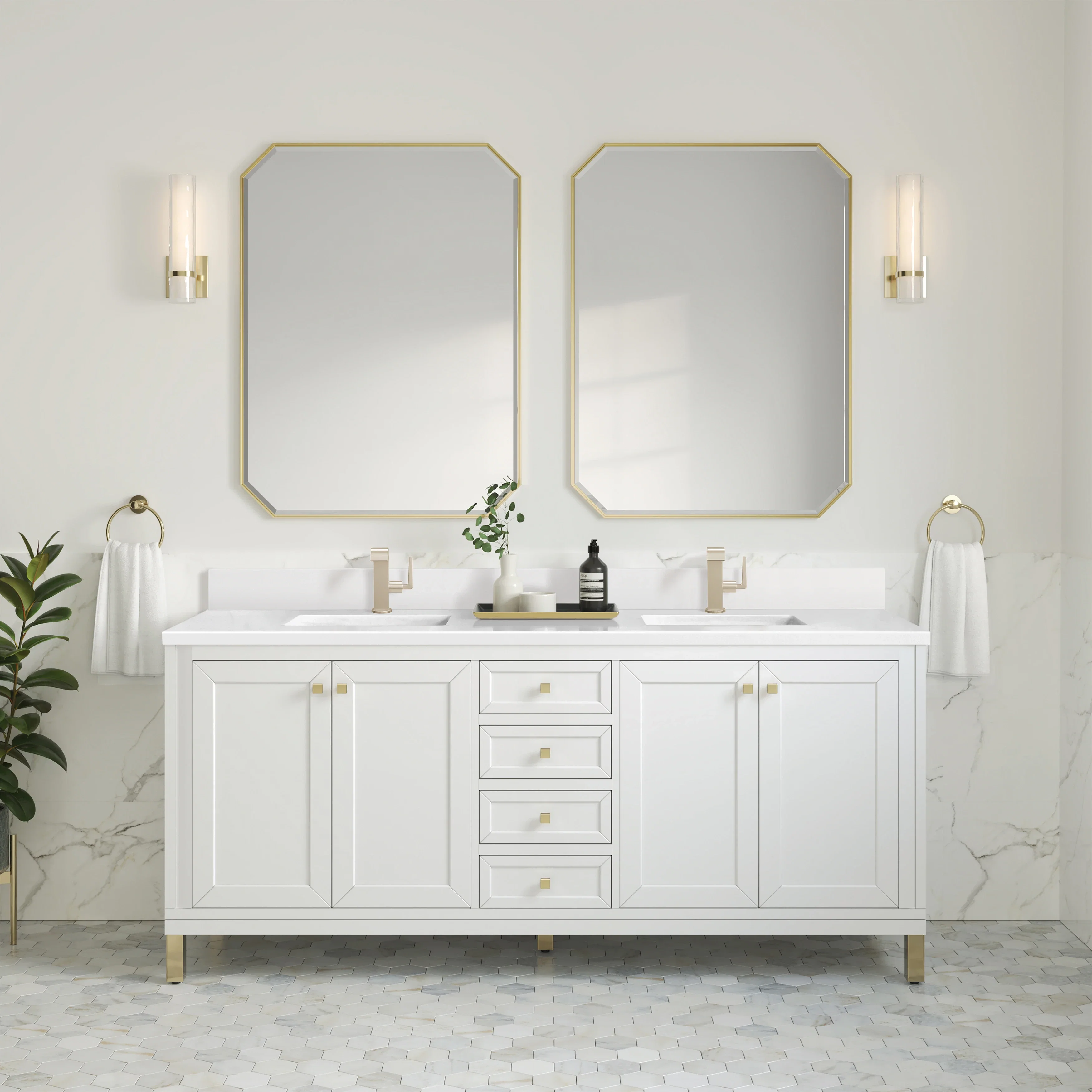 Chicago 72" Double Vanity, Glossy White, w/ Single Hole 3CM White Zeus Silestone® Top & Backsplash