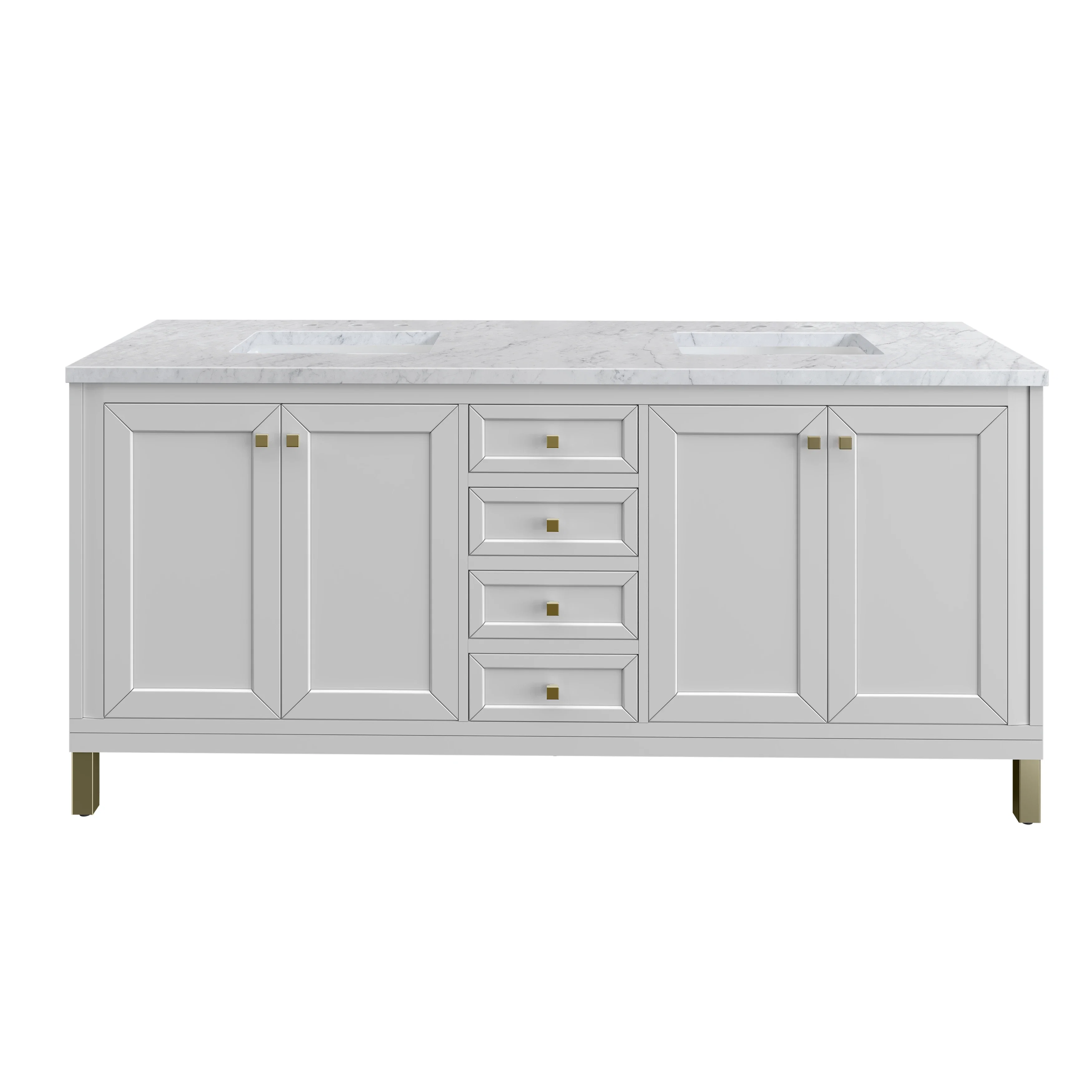 Chicago 72" Double Vanity, Glossy White, w/ 3 CM Carrara Marble Top