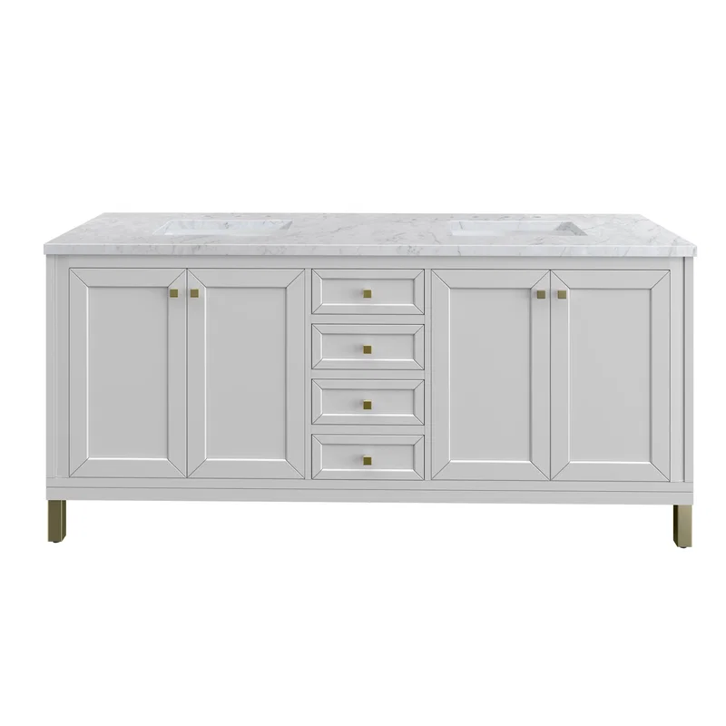 Chicago 72" Double Vanity, Glossy White, w/ 3 CM Carrara Marble Top