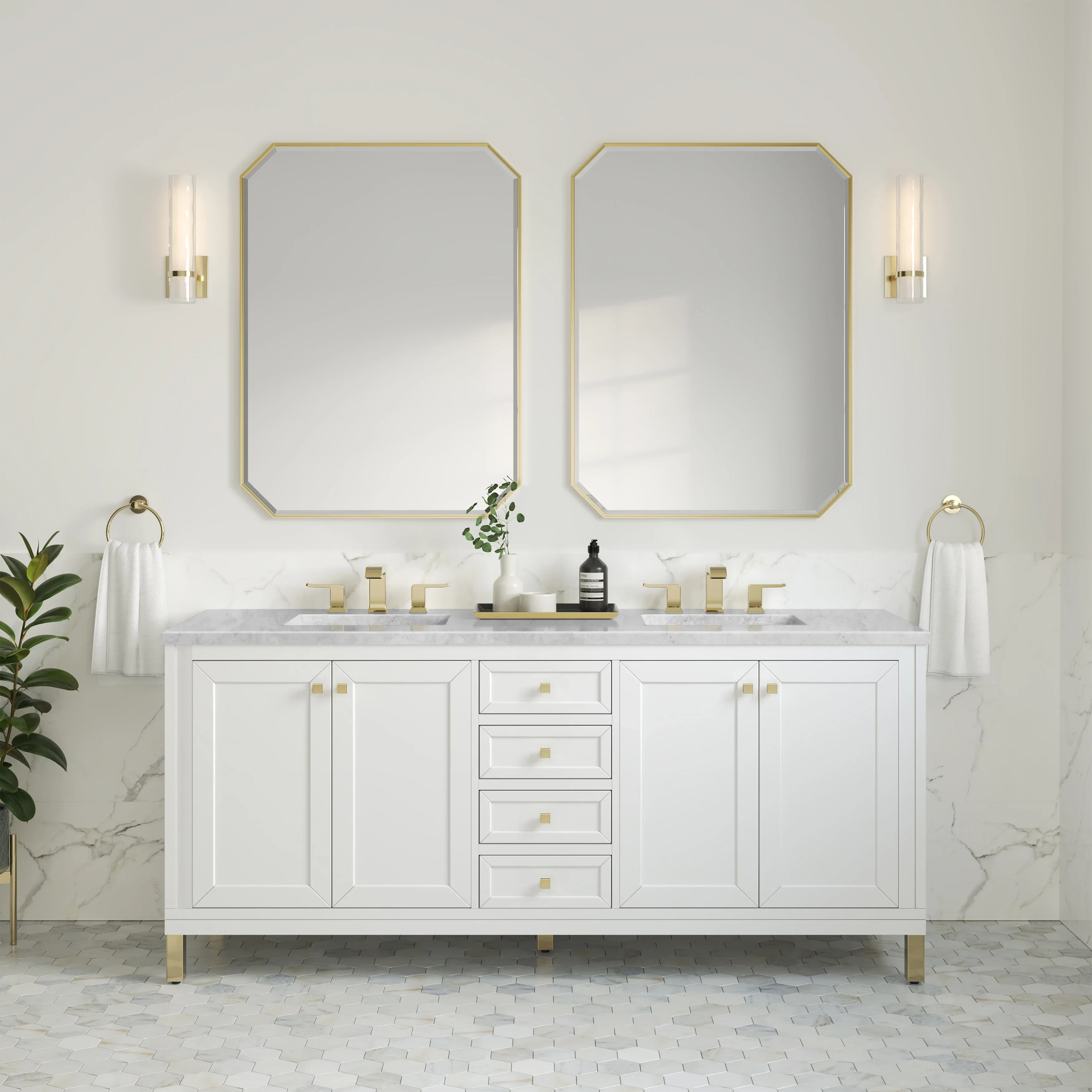 Chicago 72" Double Vanity, Glossy White, w/ 3 CM Carrara Marble Top