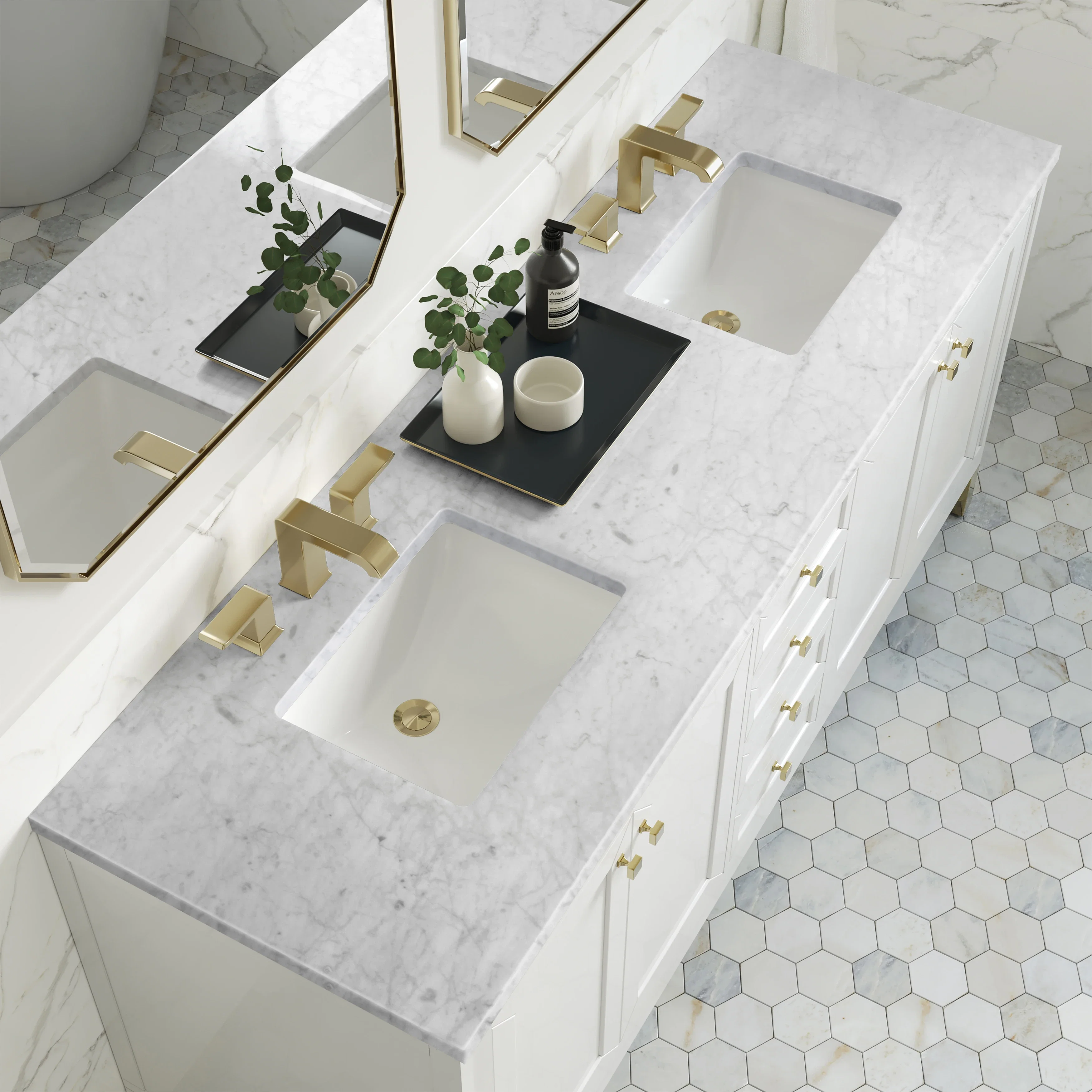 Chicago 72" Double Vanity, Glossy White, w/ 3 CM Carrara Marble Top
