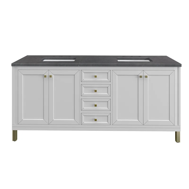 Chicago 72" Double Vanity, Glossy White, w/ 3 CM Charcoal Soapstone Silestone® Top