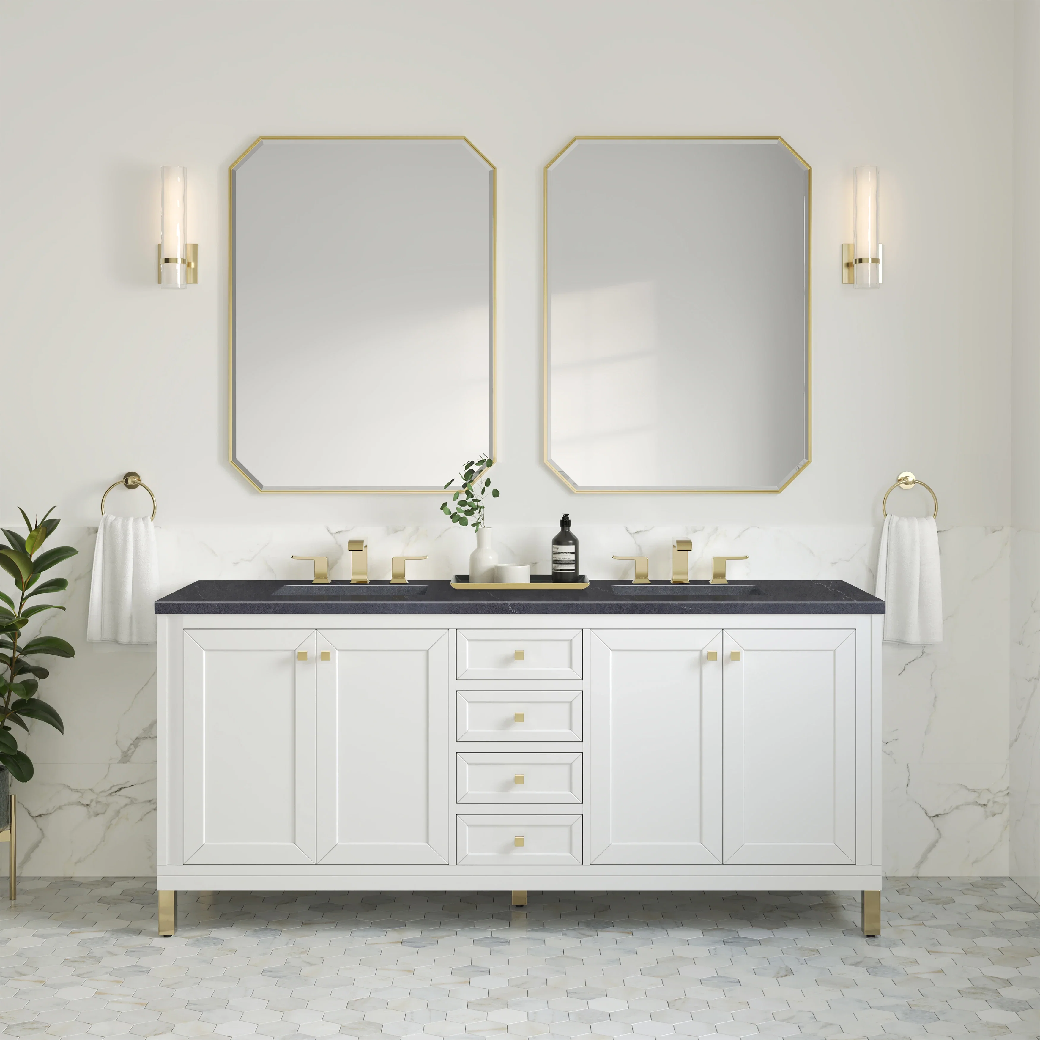 Chicago 72" Double Vanity, Glossy White, w/ 3 CM Charcoal Soapstone Silestone® Top