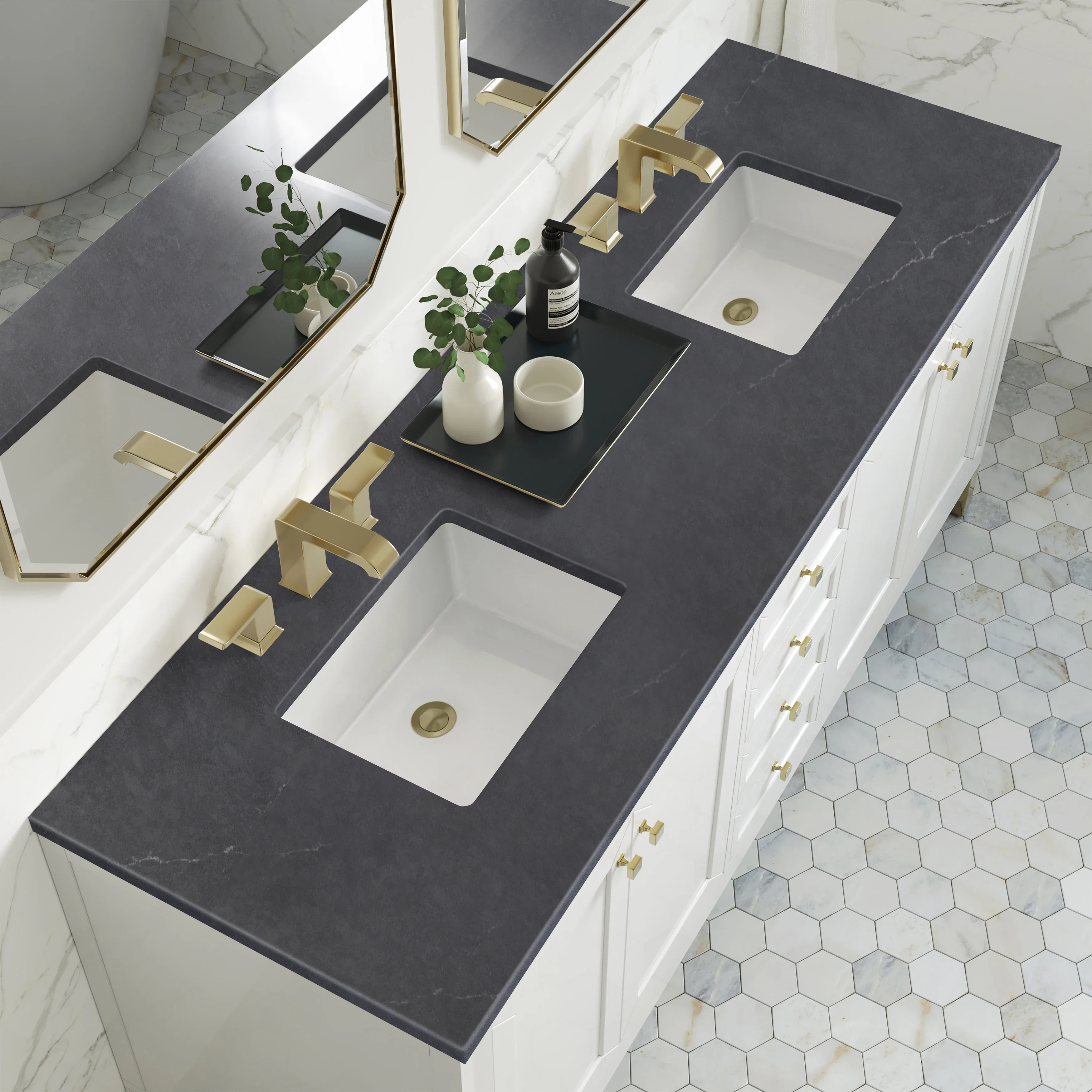 Chicago 72" Double Vanity, Glossy White, w/ 3 CM Charcoal Soapstone Silestone® Top
