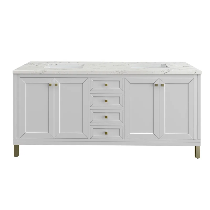 Chicago 72" Double Vanity, Glossy White, w/ 3 CM Ethereal Noctis Silestone® Top