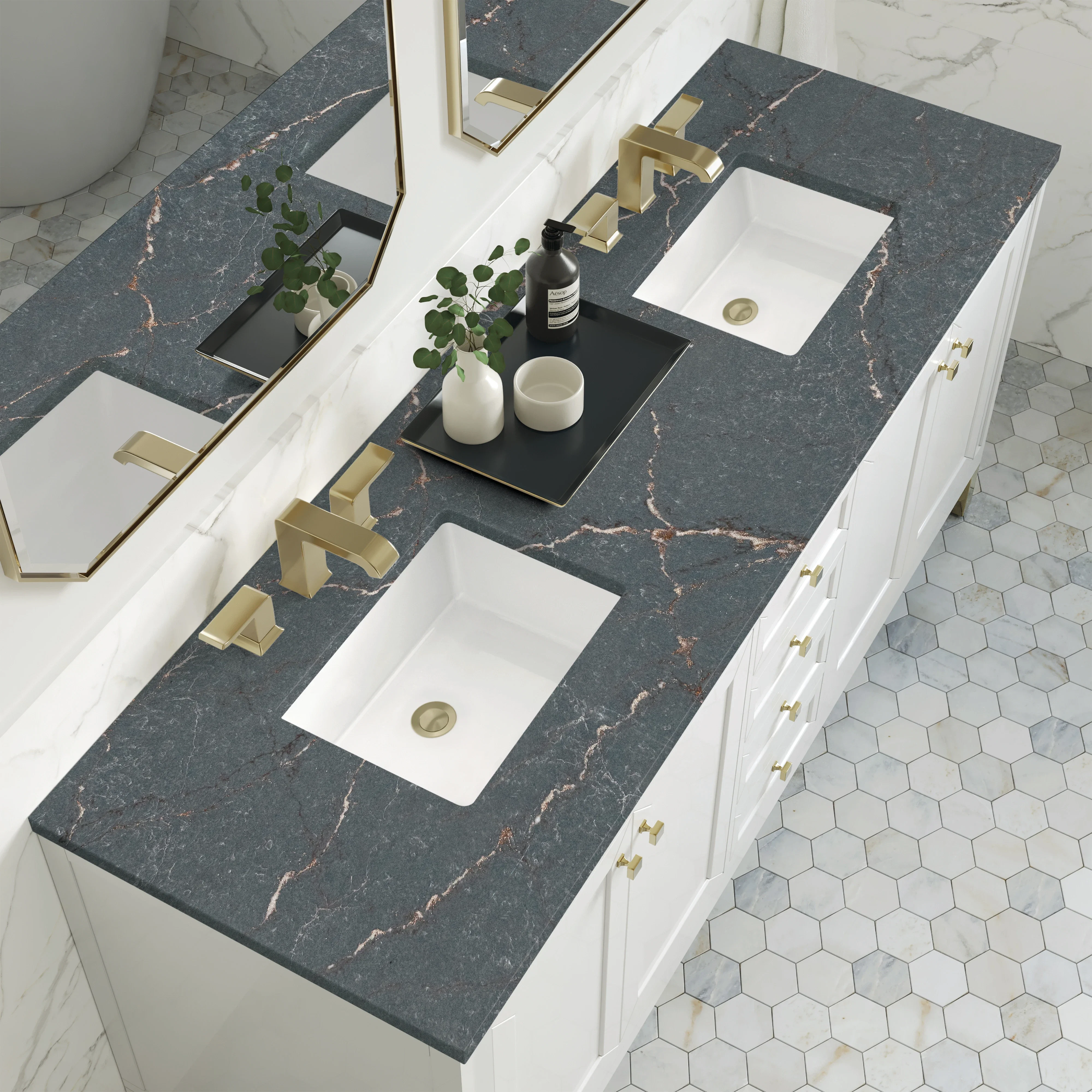 Chicago 72" Double Vanity, Glossy White, w/ 3 CM Parisien Bleu Silestone® Top