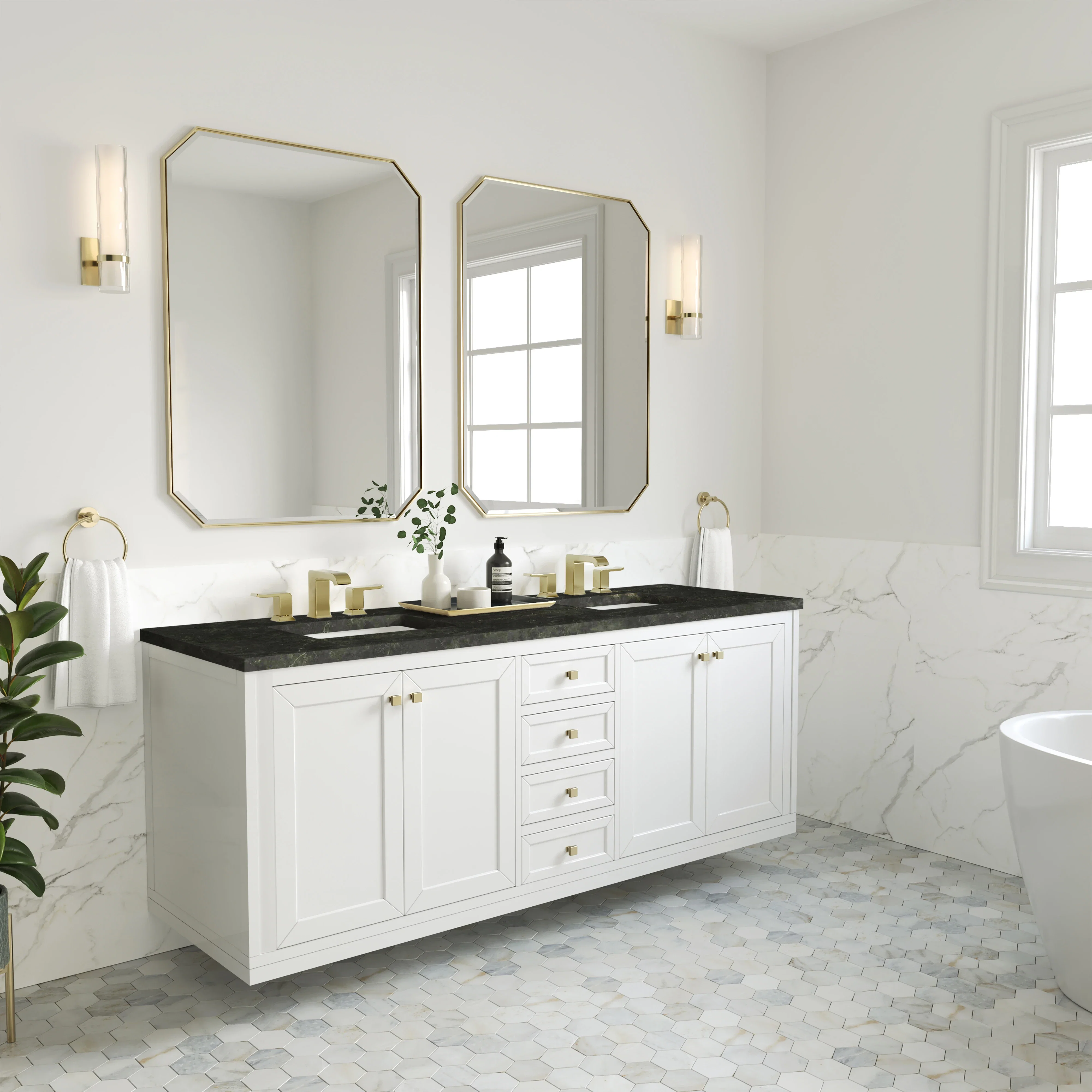 Chicago 72" Double Vanity, Glossy White, w/ 3 CM Phantome Eclos Top