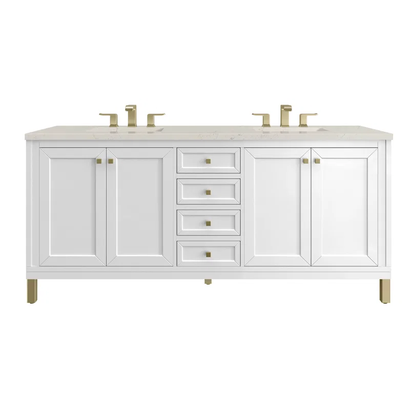 Chicago 72" Double Vanity, Glossy White, w/ 3 CM Siberian Silestone Top