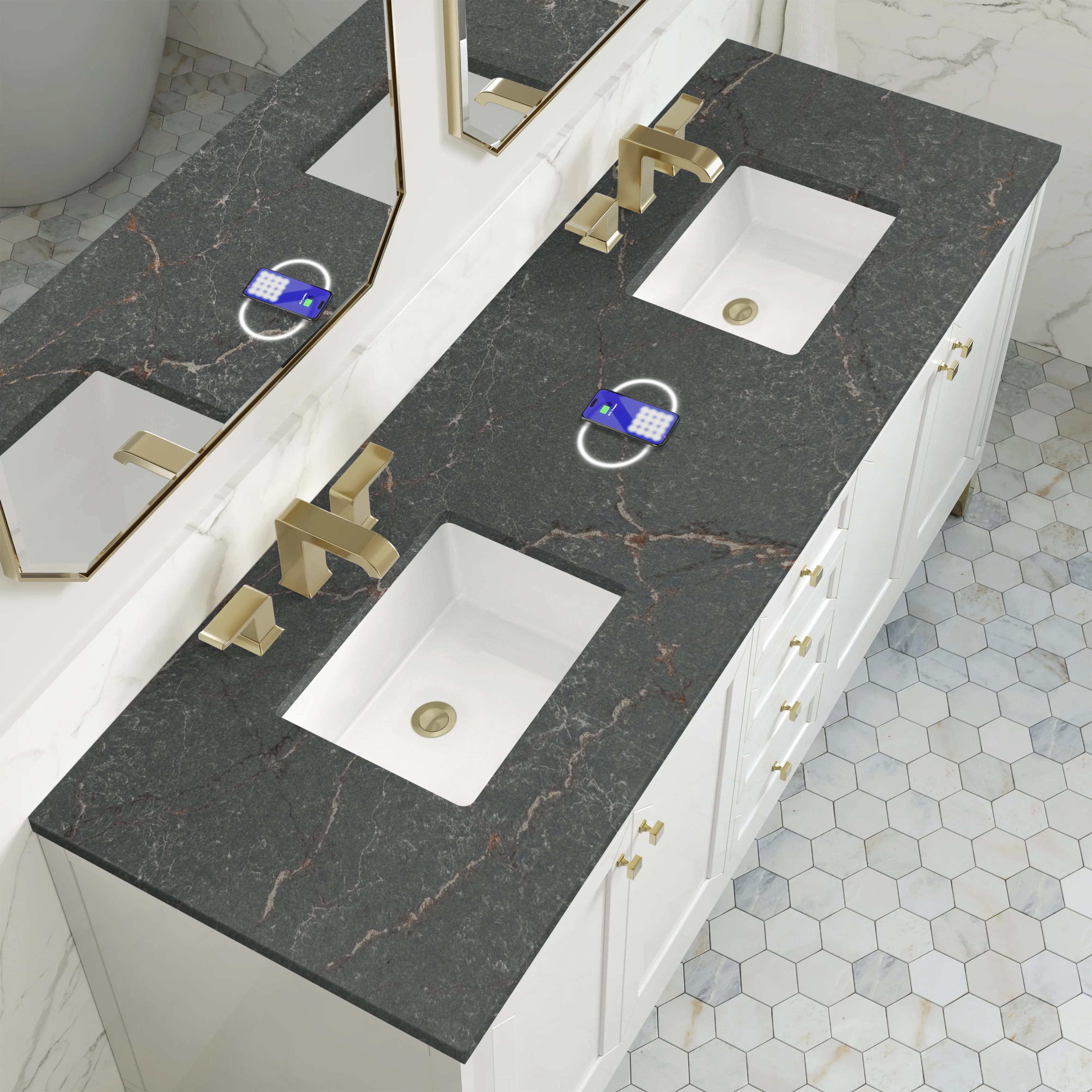 Chicago 72" Double Vanity, Glossy White, w/ 3 CM Siberian Silestone Top
